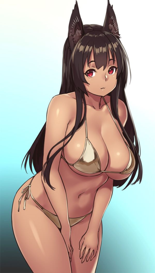 animal ears, anubis (houtengeki), bikini, breasts, brown hair, cleavage, egyptian, female, houtengeki, large breasts, long hair, navel, original, red eyes, side-tie panties, sideboob, solo, standing, underboob