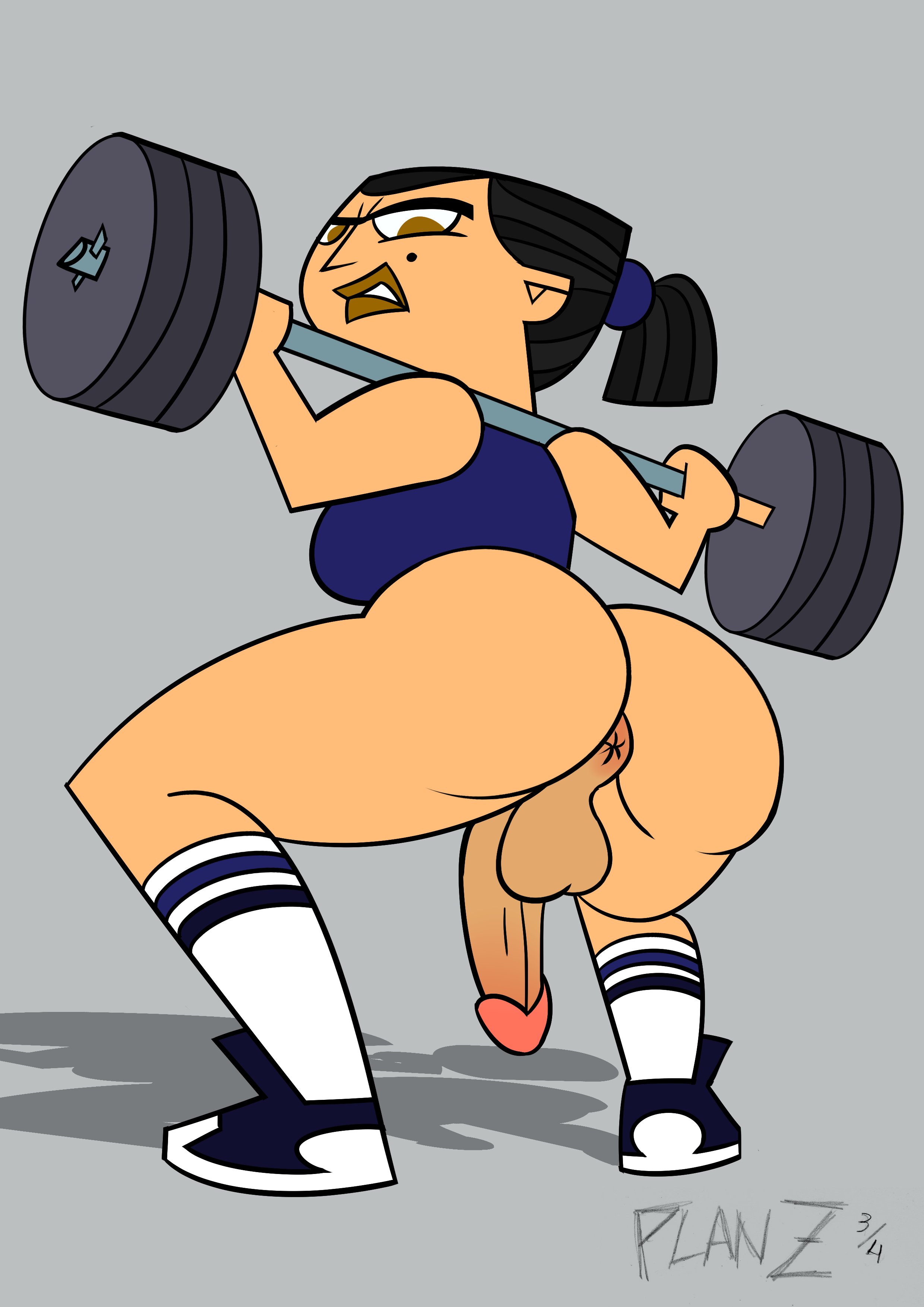 1futa, anus, ass, athletic, athletic female, back, back view, balls, black hair, bottomless, breasts, bubble ass, bubble butt, busty, clothed, clothing, dickgirl, dumbbell, eva (tdi), female, flaccid, futa only, futa sans pussy, futanari, hourglass figure, human, intersex, long hair, looking back, partially clothed, penis, perineum, planz34, ponytail, rear view, sideboob, sneakers, socks, solo, sports bra, sportswear, squatting, tagme, taint, testicles, thick eyebrows, total drama island, wide hips