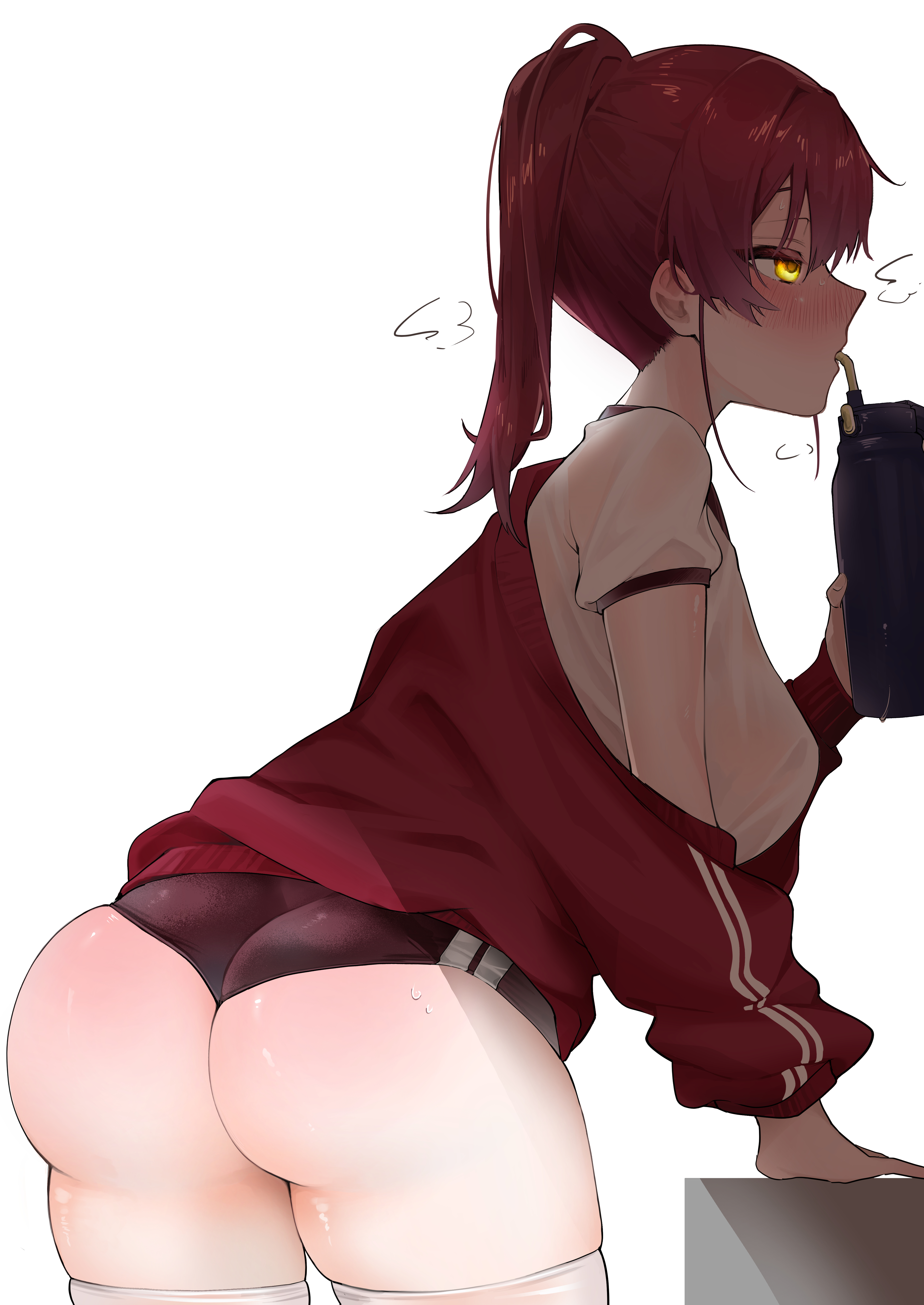 ass, blush, drinking, female, hololive, hololive fantasy, hololive japan, houshou marine, jacket, legwear, papukichese, shorts, simple background, sports shorts, sports uniform, sportswear, steamy breath, sweat, sweatdrop, thick ass, thick thighs, thighs, virtual youtuber, wet, wet clothes, wet clothing, white background
