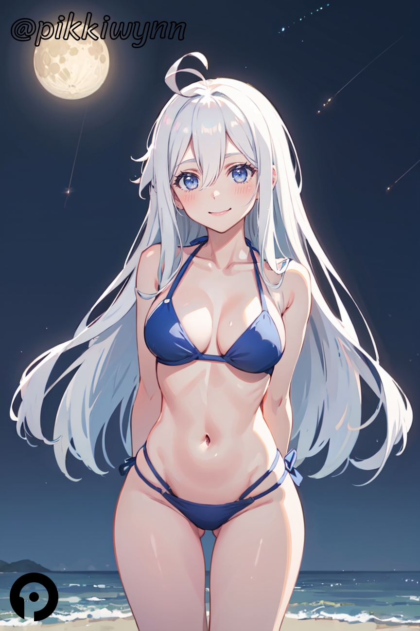 86_-eightysix- ahoge ai_generated arms_behind_back ass_visible_through_thighs bangs bare_shoulders beach bikini blue_bikini blue_eyes blush breasts cleavage closed_mouth collarbone cowboy_shot female full_moon hair_between_eyes halterneck long_hair looking_at_viewer medium_breasts moon navel night night_sky ocean outdoors pikkiwynn side-tie_bikini_bottom sky smile solo standing stomach string_bikini swimsuit thighs vladilena_millize white_hair