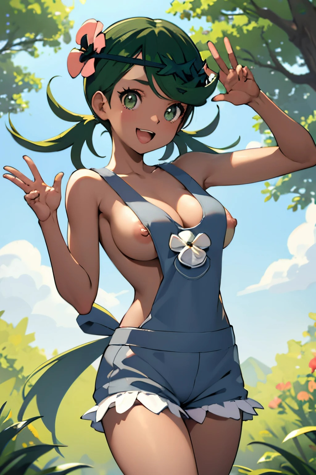 1girls, ai generated, breasts, cleavage, dark skin, exposed breasts, female, human, mallow (pokemon), nipple slip, overalls, pokemon, sideboob, solo, tagme, userisbad