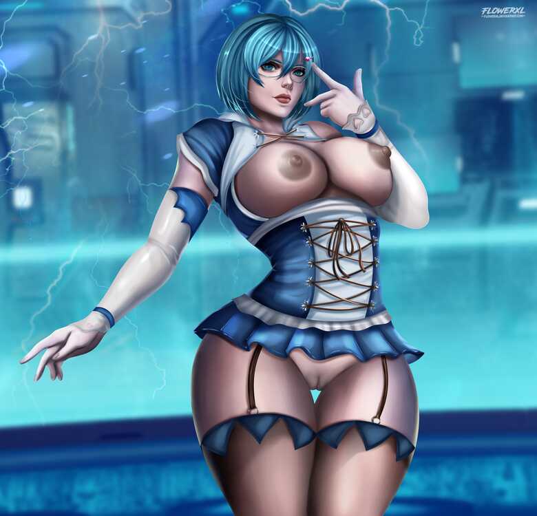 1girls abs ass belly big_ass big_breasts blue_background blue_eyes blue_hair breasts breasts_out brown_nipples cleavage clothed coat dead_or_alive dead_or_alive_6 female female_only flowerxl garter_straps glasses gloves human large_breasts looking_at_viewer midriff nico_(doa) nipples no_panties pussy ring solo standing thick_thighs thumb_ring video_game_character wide_hips