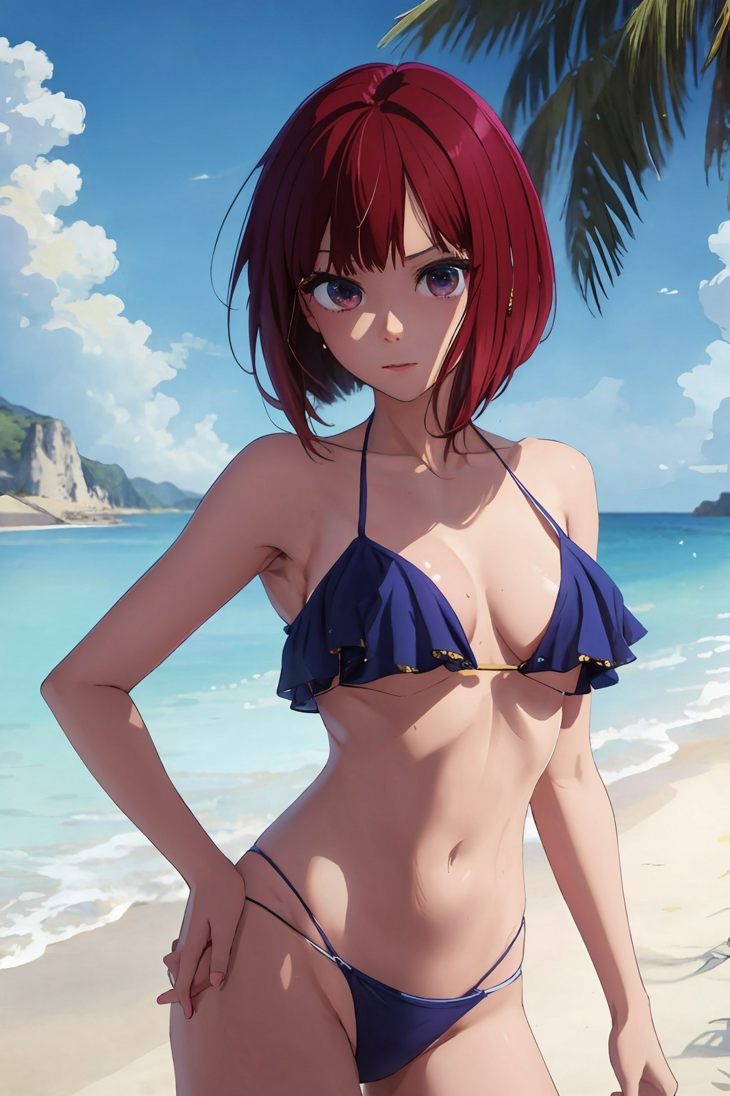 1girls, ai generated, arima kana, beach, bikini, bikini bottom, bikini top, breasts, female, female focus, female only, fit, fit female, hand on hip, looking at viewer, navel, ocean, oshi no ko, red hair, short hair, small breasts, underboob