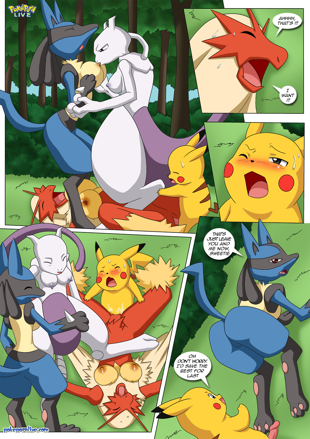 avian bbmbbf big_breasts bird blaziken breast_fondling breast_sucking breasts canine chicken comic cum dialogue english_text erect_nipples erection female fondling group group_sex hand_on_breast hi_res huge_breasts lucario male mammal mewtwo nintendo nipple_suck nipples nude open_mouth palcomix palcomix_team penetration penis pikachu pokemon pokemon_(species) pussy sex straight sucking text video_games