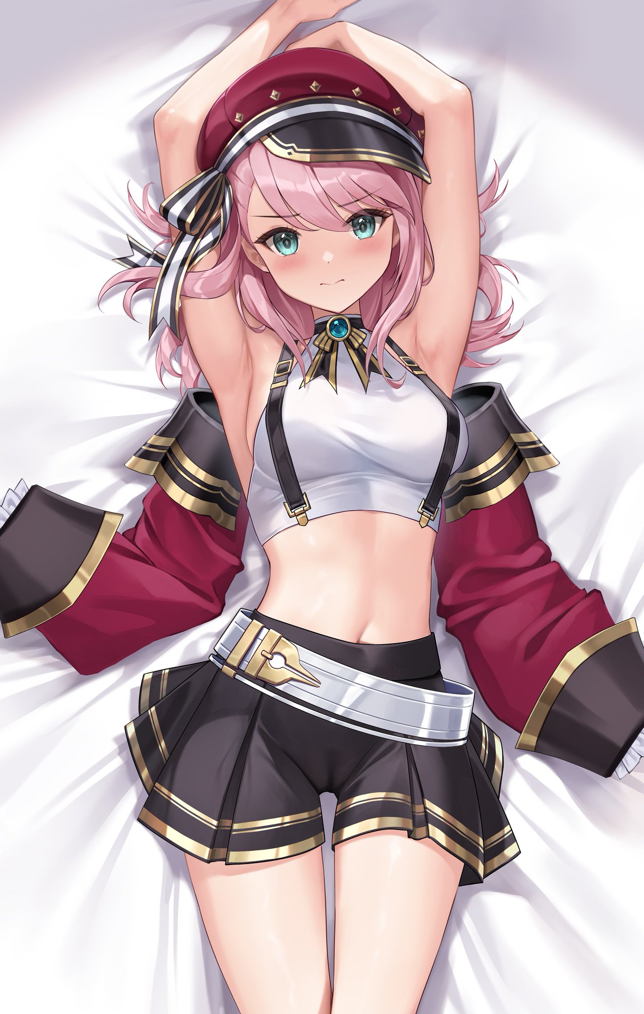 1girls, aqua eyes, armpits, breasts, cameltoe, charlotte (genshin impact), female, female only, genshin impact, looking at viewer, lying, midriff, pink hair, pussy, solo