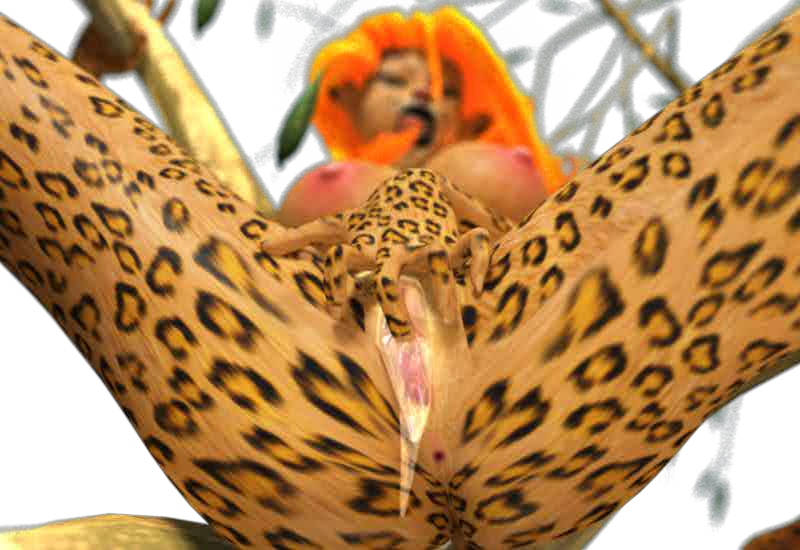 3d 3dgspot anthro breasts feline female humanoid jaguar jungle_heat large_breasts mammal meanne orange_hair solo spots spotted_skin tree