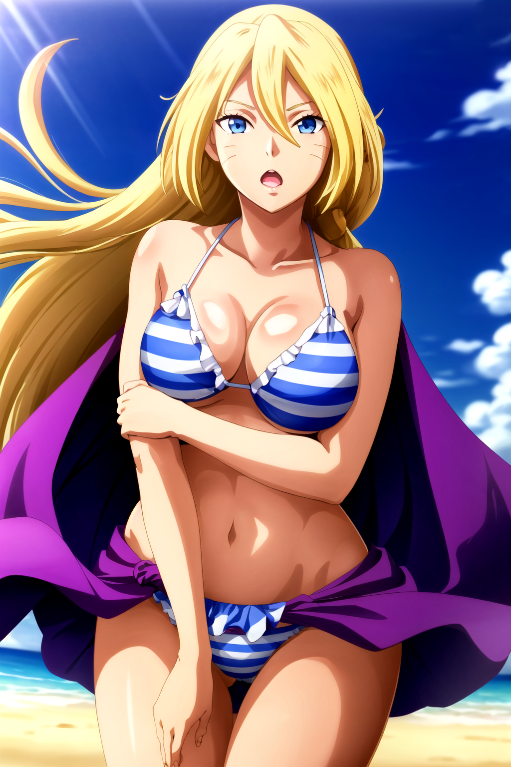 1girls accurate_art_style ai_generated arm_under_breasts ass ass_visible_through_thighs bare_legs bare_midriff bare_shoulders bare_thighs beach big_breasts bikini bikini_bottom bikini_top blonde_hair blue_eyes blue_sky boruko boruto:_naruto_next_generations breasts canon_genderswap cleavage collarbone curvaceous curvy curvy_female curvy_figure day facial_hair female female_only gender_transformation genderswap_(mtf) highres long_hair nai_diffusion naruto naruto_(series) oppai outdoors pinup rindo rule_63 sand sea seaside sexy_no_jutsu skirt solo solo_focus stable_diffusion striped_bikini sunlight thick_thighs thighs uzumaki_boruto very_long_hair water whisker_markings whiskers wide_hips wind_lift