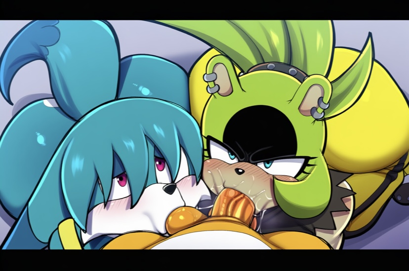 ai generated, ass, ball sucking, bisexual, bisexual male, blowjob, double fellatio, fellatio, femboy, kitsunami the fennec, oral, sega, sonic (series), sonic the hedgehog (comics), sonic the hedgehog (idw), sonic the hedgehog (series), sucking balls, sucking penis, surge the tenrec, tails, tails the fox