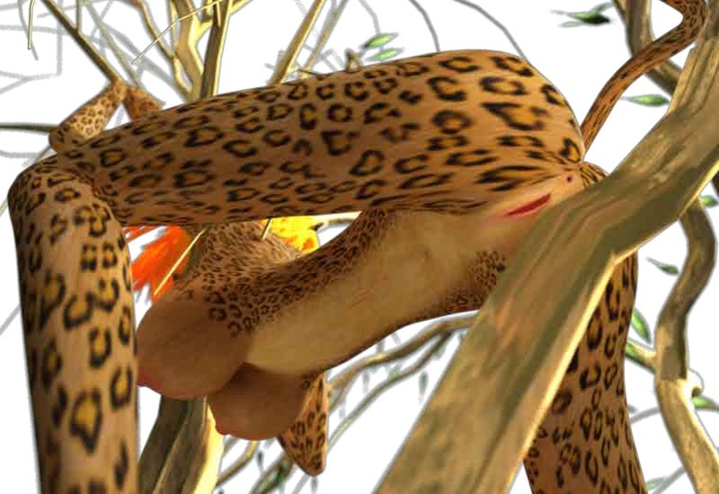 3d 3dgspot anthro breasts feline female humanoid jaguar jungle_heat large_breasts mammal meanne orange_hair solo spots spotted_skin tree