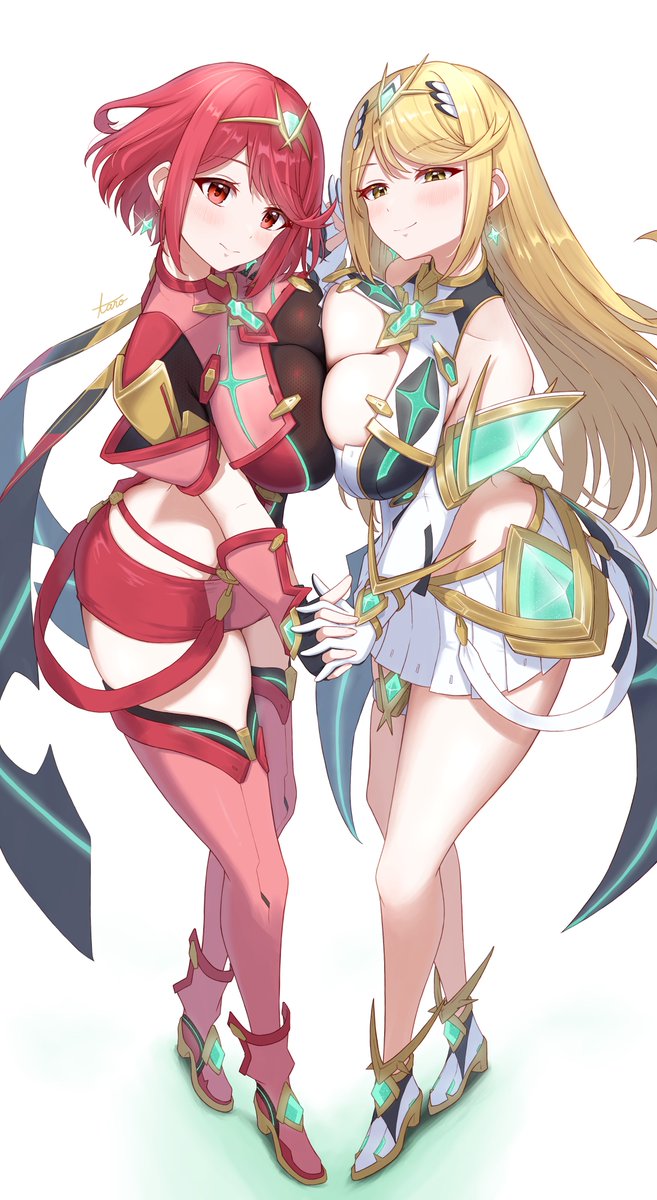 2girls arm_guards backless_outfit bare_legs bare_shoulders big_breasts blonde_hair blush bob_cut breast_press breasts chest_jewel cleavage core_crystal dress drop_earrings earrings full_body gloves high_heels holding_hands interlocked_fingers jewelry long_hair looking_at_viewer microdress multiple_girls mythra nintendo pyra red_eyes red_hair short_hair sketch skindentation smile swept_bangs symmetrical_docking taro_(peach_taro51) thick_thighs thighhighs thighs tiara very_long_hair xenoblade_(series) xenoblade_chronicles_2 yellow_eyes