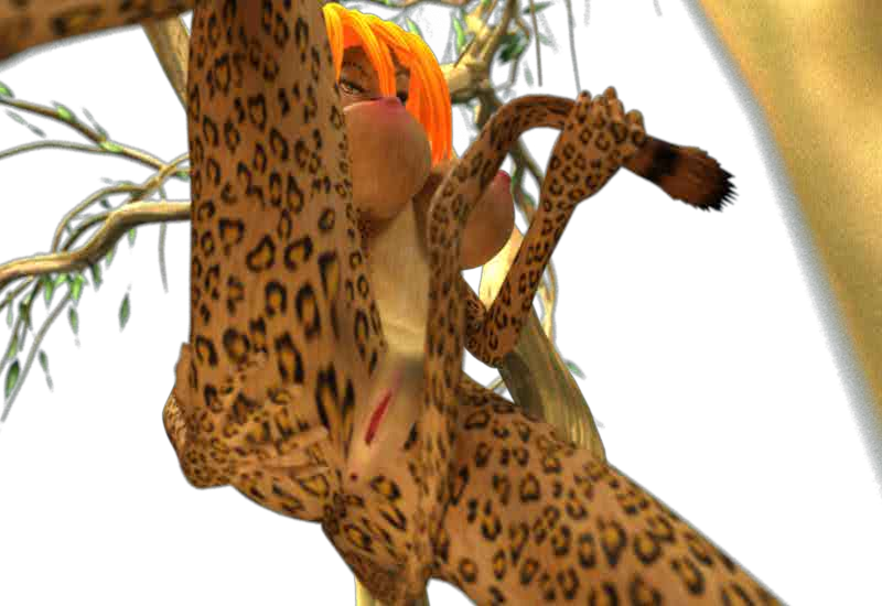 3d 3dgspot anthro breasts feline female humanoid jaguar jungle_heat large_breasts mammal meanne orange_hair solo spots spotted_skin tree