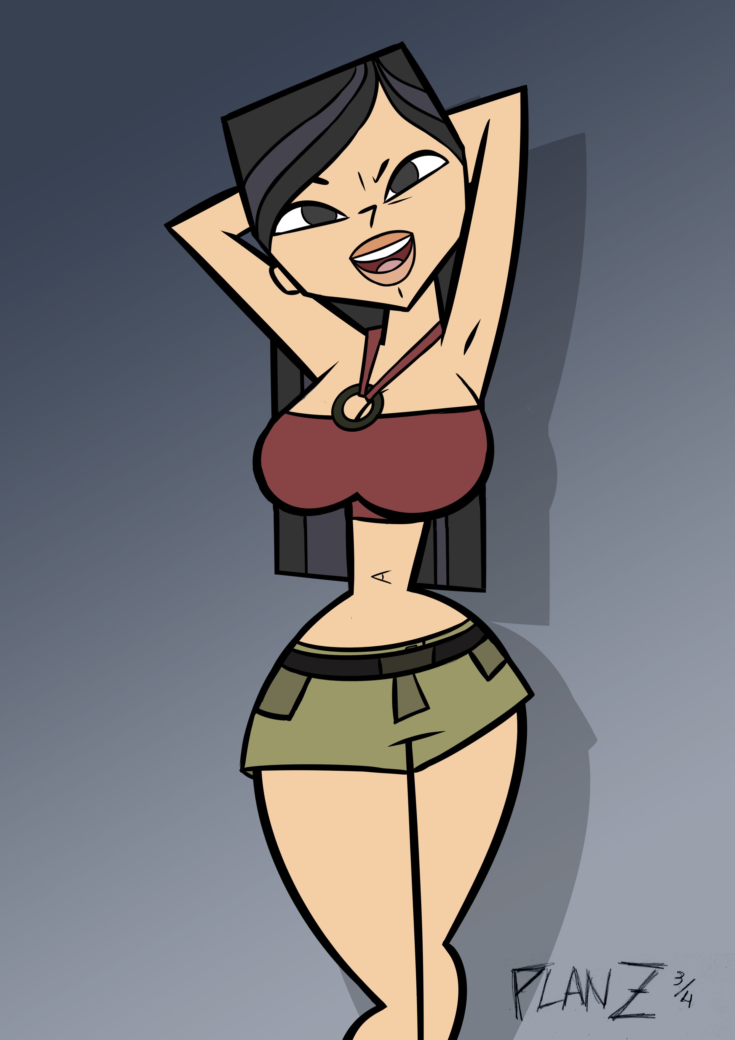 1girls, armpits, asian, asian female, athletic, athletic female, bare midriff, black eyes, black hair, breasts, busty, crop top, dark eyes, dark hair, female, female focus, female only, hands behind head, heather (tdi), hourglass figure, large breasts, light skin, light-skinned female, long hair, navel, pinup, pinup pose, planz34, short shorts, solo, straight hair, tagme, thighs, total drama island, wide hips