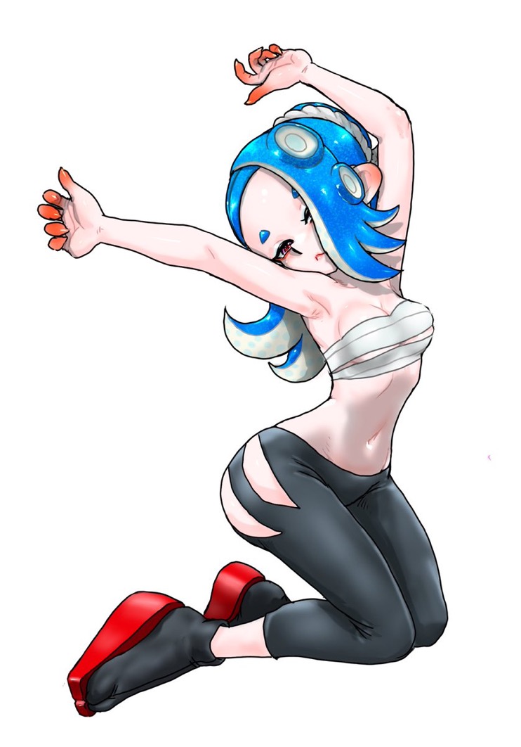 2024 big_butt blue_hair cleavage cute hair_over_one_eye hi_res high_heels highres koharuno2 light-skinned_female octoling red_eyes ripped_clothing sarashi shiver_(splatoon) shiver_hohojiro splatoon splatoon_(series) splatoon_3 stretching tentacle tentacle_hair thick_ass