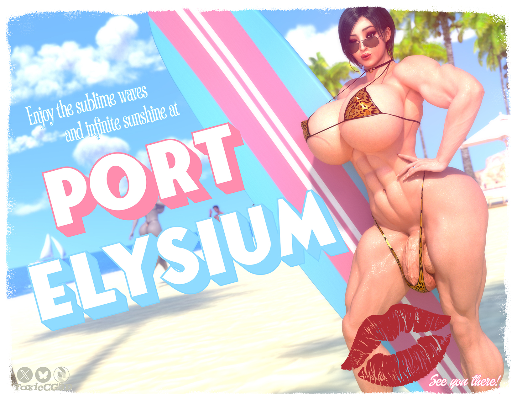 1futa, 3d, abs, ada wong, alternate version available, athletic, athletic futa, aviator sunglasses, balls, beach, beach background, big breasts, black hair, breast implants, breasts, brown eyes, busty, completely naked, completely nude, dickgirl, fake advertisement, fake breasts, female, futa only, futanari, hourglass figure, intersex, leopard print, leopard print bikini, looking over eyewear, looking over sunglasses, muscles, muscular, muscular futa, nude, nude female, nude futa, penis, pinup, postcard, resident evil, resident evil 4, sailboat, silicone, silicone implants, sunglasses, surfboard, testicles, tinted eyewear, toxiccg3d, trans woman, transfem, transgender pride colors, veiny penis