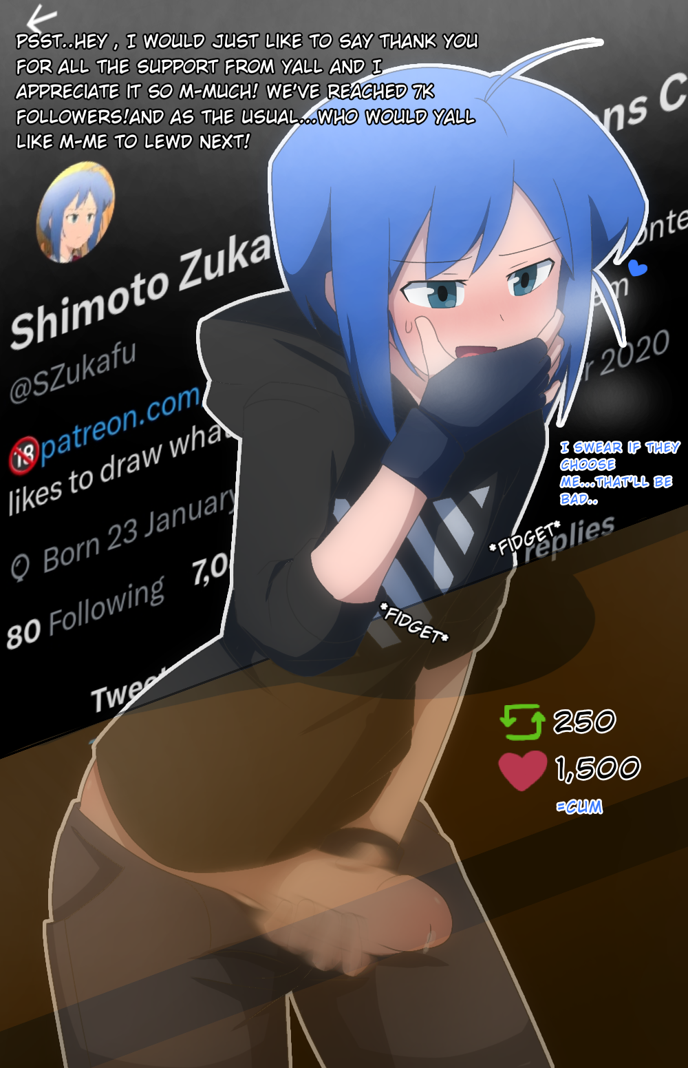 1boy artist baggy_pants blue_eyes blue_hair blush erection fapping femboy fingerless_gloves hoodie human jerking male male_only oc pants_down penis penis_out public_masturbation self_insert smooth_penis sneaky solo stealth_masturbation toony trap zukafu_shimoto zukafu_shimoto_(character)