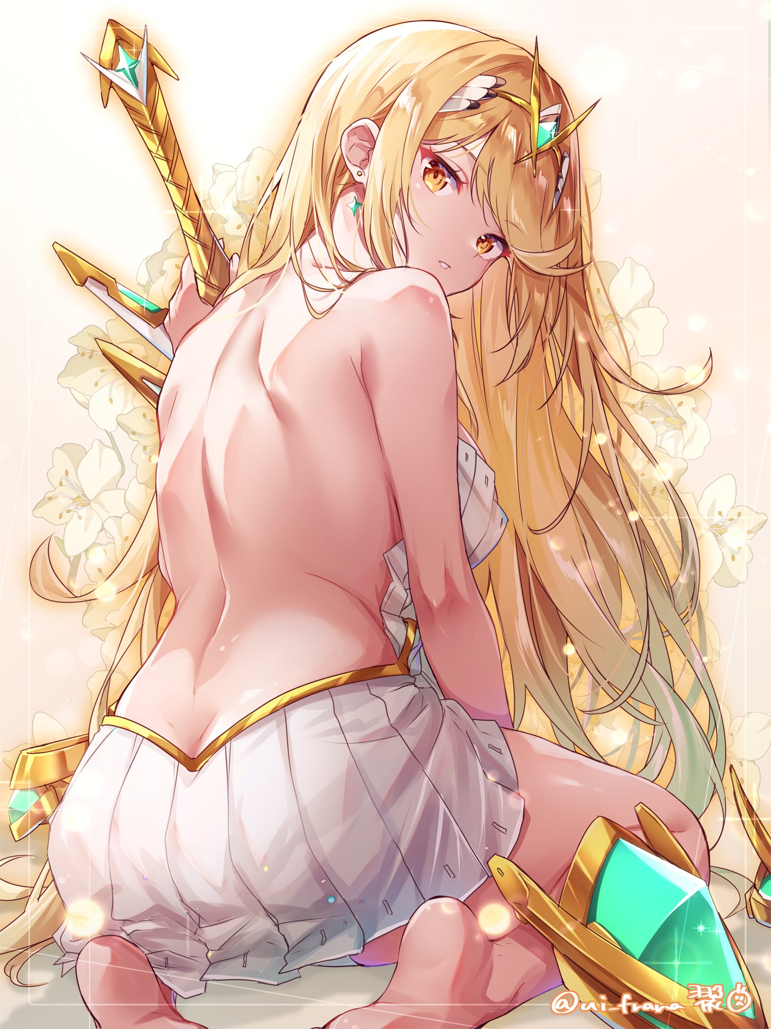 ass, ass focus, back, back view, breasts, female, female focus, female only, looking at viewer, looking back, mythra, mythra (xenoblade), ui frara, xenoblade (series), xenoblade chronicles 2, yellow eyes, yellow hair