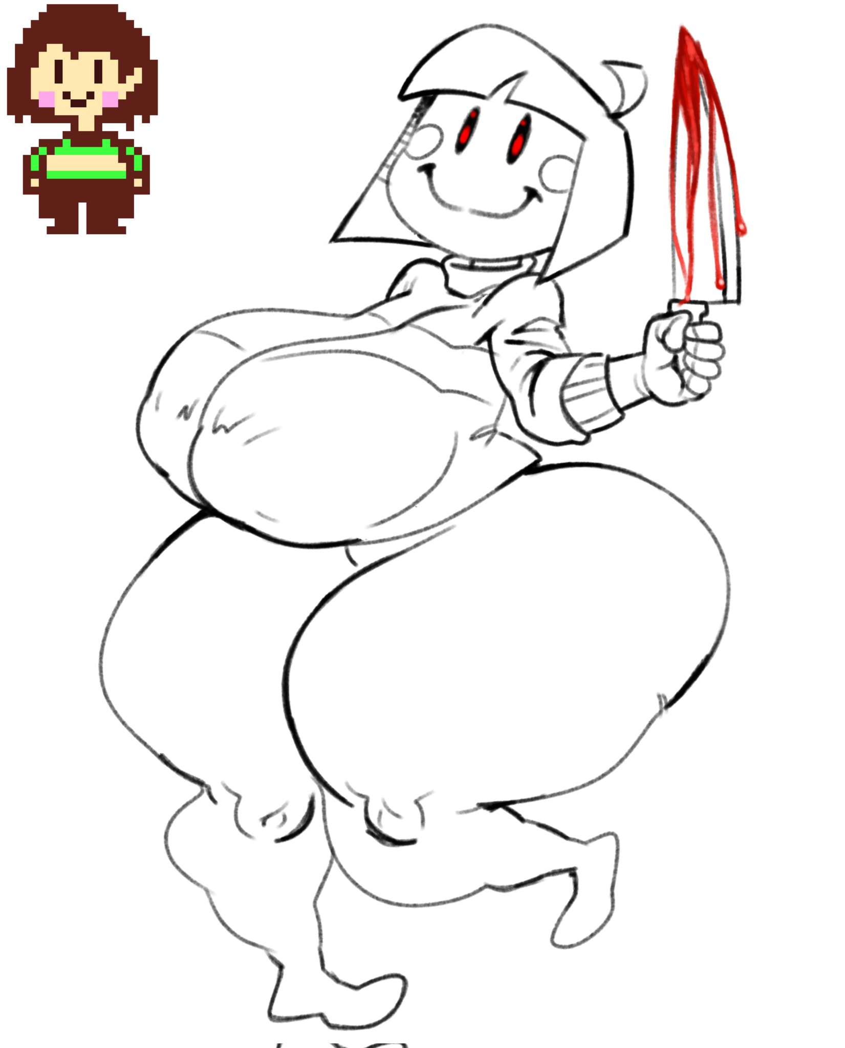 =), 1girls, aged up, big breasts, blood, blood on knife, breasts, chara, chara (undertale), clothed, clothed female, female, female chara, female focus, female only, garlicjrart, knife, large boobs, large breasts, solo, solo female, solo focus, thick thighs, thighs, undertale, undertale (series), voluptuous, voluptuous female