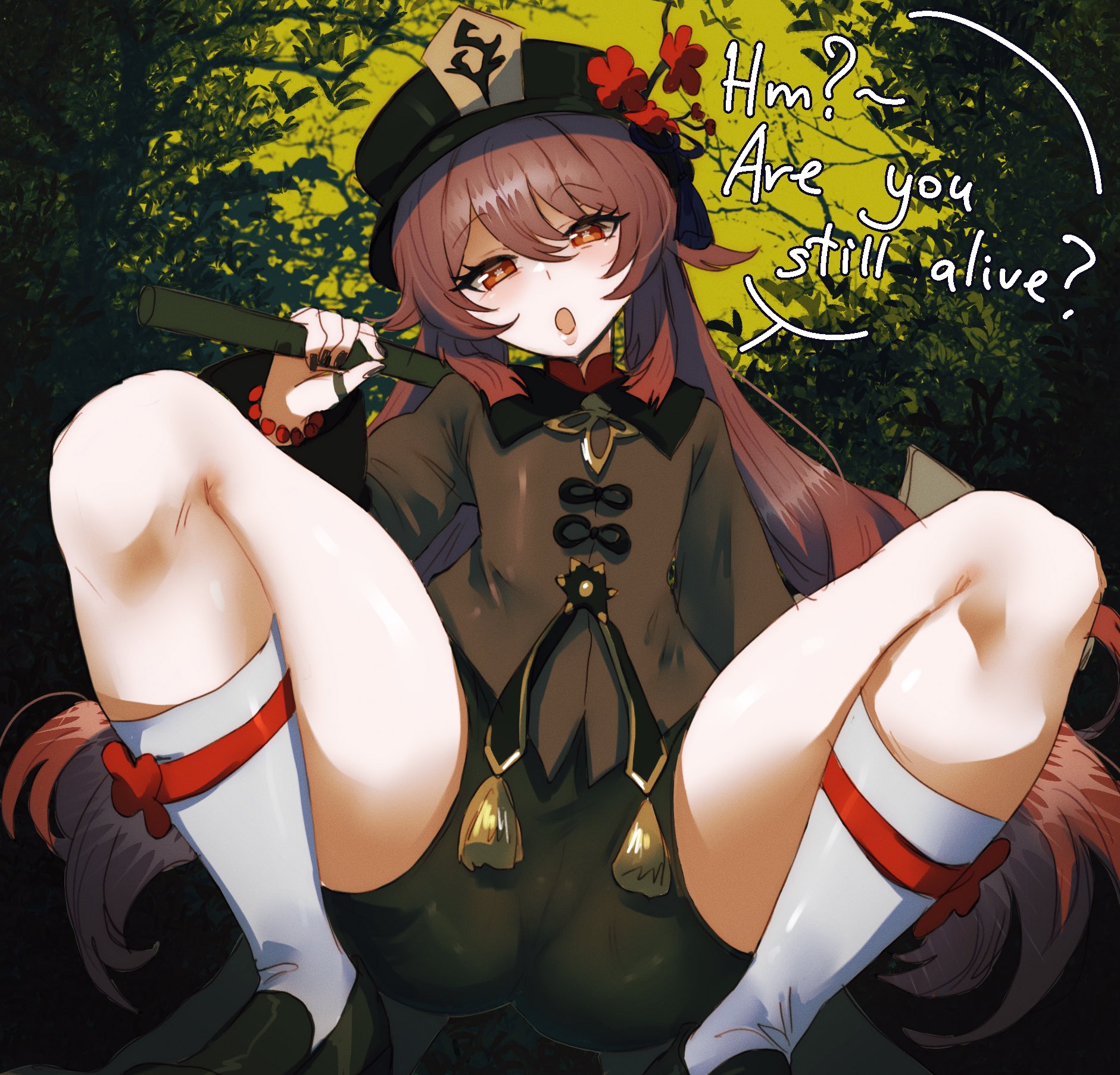 1girl, 1girls, beads, below view, cameltoe, english text, female, genshin impact, hat, highres, hoyoverse, hu tao (genshin impact), looking at viewer, myotaron, nature, outdoors, petite, pussy, pussy visible through clothes, shovel, socks, solo, solo female, squatting, thighs, white socks
