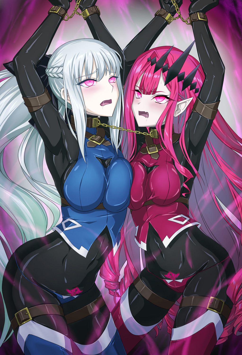 2girls, adoptive daughter, assimilation, baobhan sith (fate), blush, bodysuit, bondage, brainwashed, brainwashing, breasts, breasts squeezed together, chained, chains, corrupted, corruption, corset, enemy conversion, fate (series), fate/grand order, hair between eyes, huge breasts, imminent rape, latex, latex bodysuit, long hair, looking at viewer, mind control, morgan le fay (fate), mother and daughter, pale skin, pink hair, pointy ears, ponytail, restrained, sidelocks, slave, thighhighs, tied hair, white hair