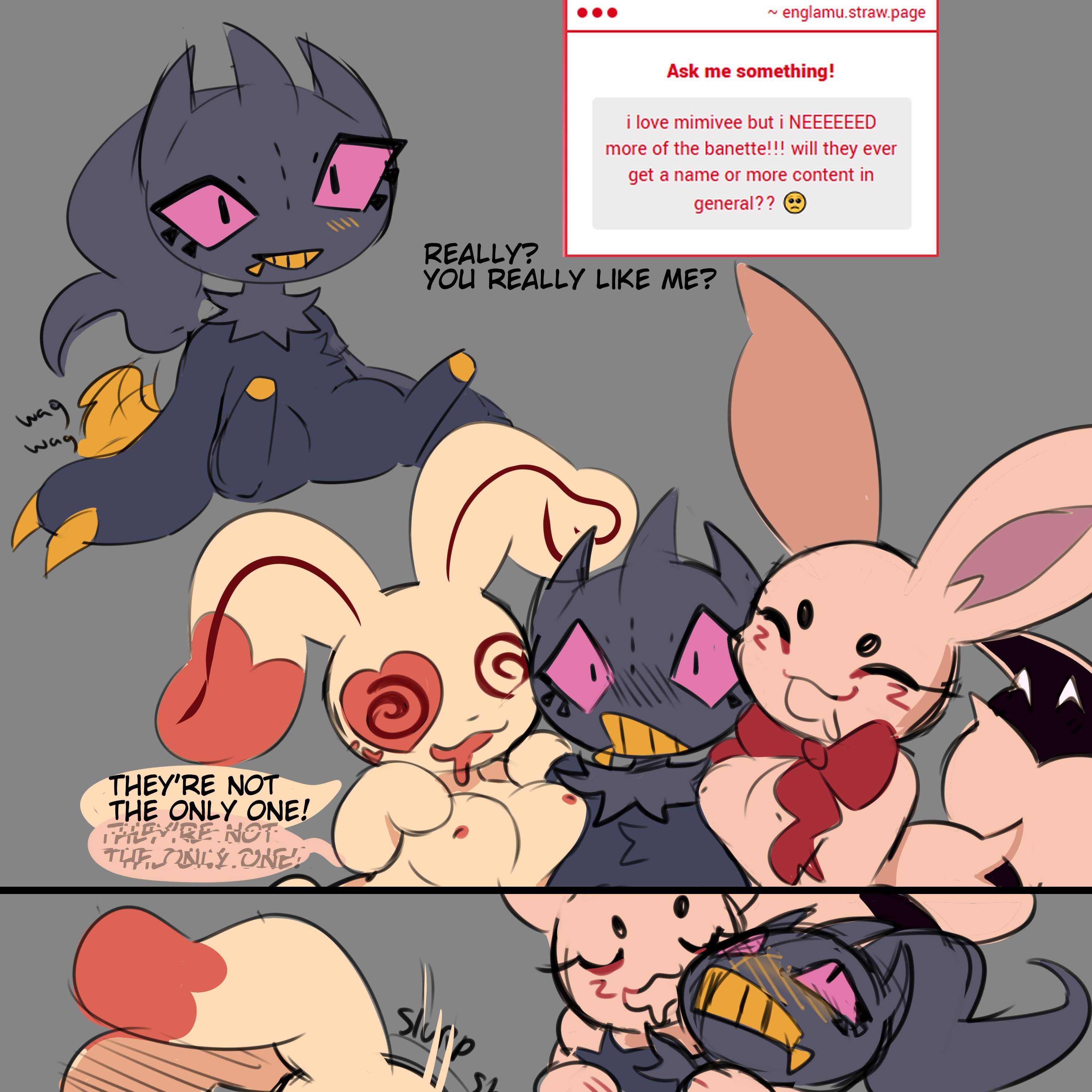 1boy, 2girls, 2girls1boy, banette, englamu, higher resolution duplicate, mimikyu, pokemon, pokephilia, spinda, suggestive