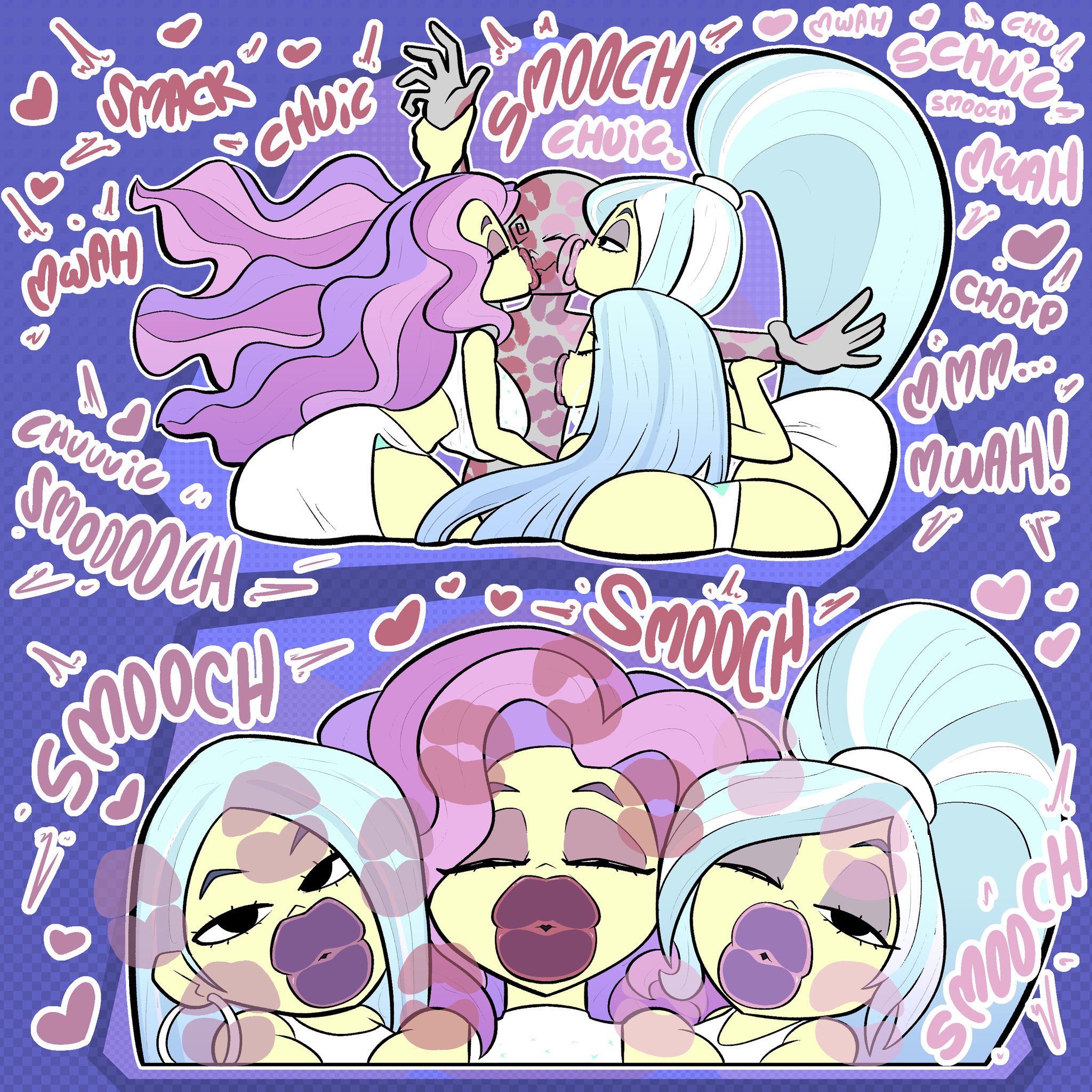 1boy, 2d, 2d (artwork), 2d artwork, 3girls, ass, asscheeks, big lips, blue hair, blue hair female, buchukisu, cartoon network, digital drawing (artwork), digital media (artwork), eyelashes, eyeshadow, grey skin, hips, kiss mark, kissing, lips, lipstick, lipstick mark, lipstick mark on chest, lipstick mark on face, lipstick mark on stomach, long hair, long hair female, lucky bastard, mk210, multiple girls, mwah, pale skin, pale skinned female, pink hair, pink hair female, ponytail, ponytail female, rainbow party, samurai jack, siren, smooch, smooch (sound effect), the sirens