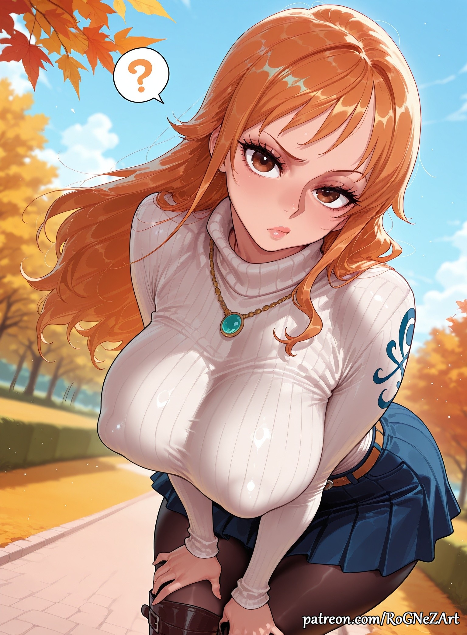 ?, 1girls, 2026, ai generated, anime, arm tattoo, autumn, autumn leaves, belt, black pantyhose, blue skirt, blue sky, blue tattoo, boots, breasts, brown eyes, cleavage, covered nipples, crossover, day, eye contact, female, female focus, female only, hands on own thighs, highres, huge breasts, jewelry, large breasts, leaning forward, lips, long hair, long sleeves, looking at viewer, miniskirt, nami (one piece), necklace, nsfw, one piece, orange hair, orange-haired female, outdoors, pantyhose, patreon, patreon username, pleated skirt, rognezart, skirt, sky, solo, spoken question mark, sweater, tattoo, thigh boots, tree, turtleneck, turtleneck sweater, very long hair, web address, white sweater