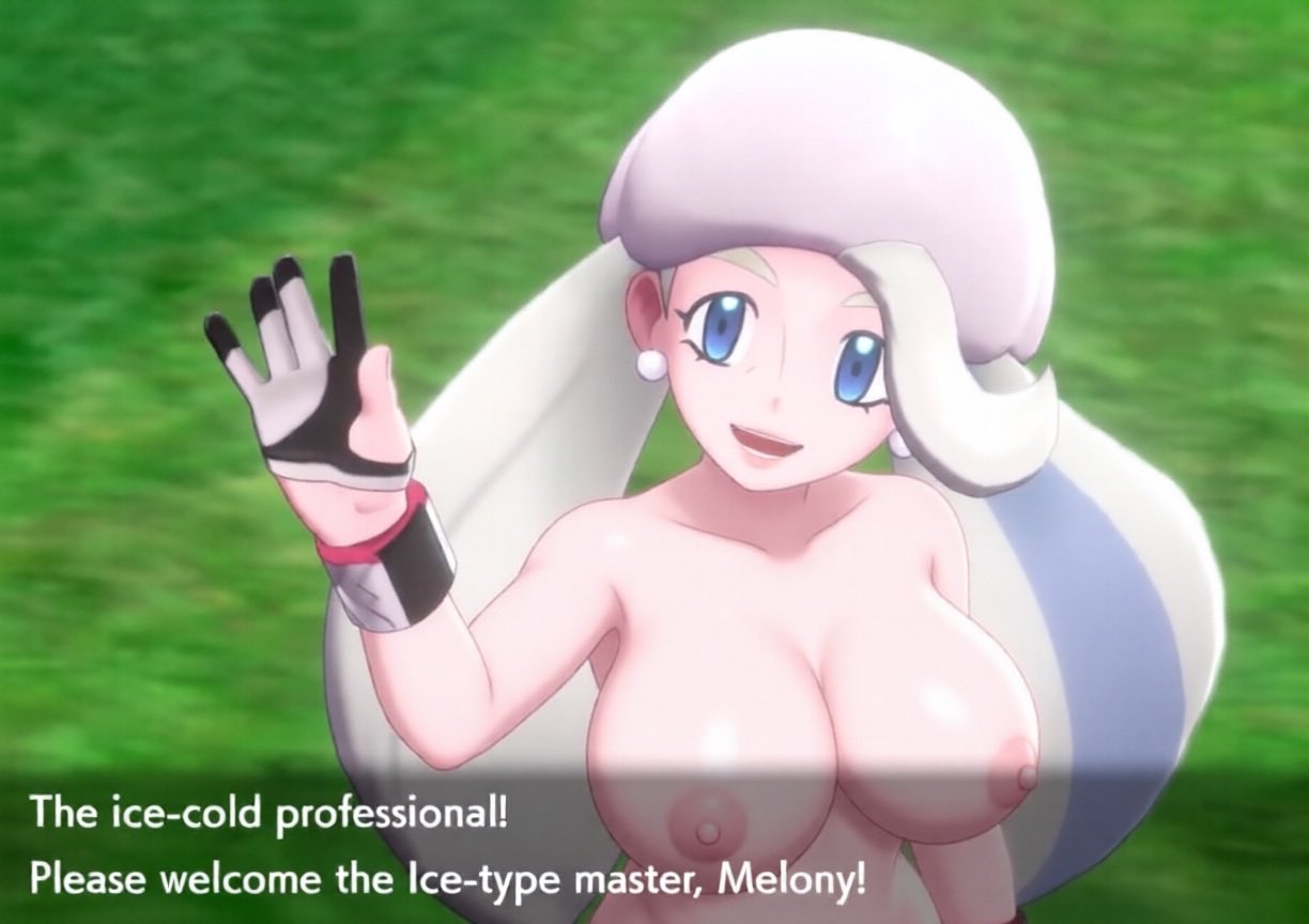 1girls, 2026, 3d, 3d model, ai generated, arm up, b0x22, big breasts, breasts, dyed hair, ear piercing, earrings, erect nipples, eyelashes, female, female focus, female only, game freak, grass, grass field, grey hair, hat, huge breasts, long hair, melony (pokemon), mouth, mouth open, nintendo, nude, nude female, pokemon, pokemon ss, shiny breasts, shiny skin, text, text box, waving, waving at viewer, white skin, white skinned female