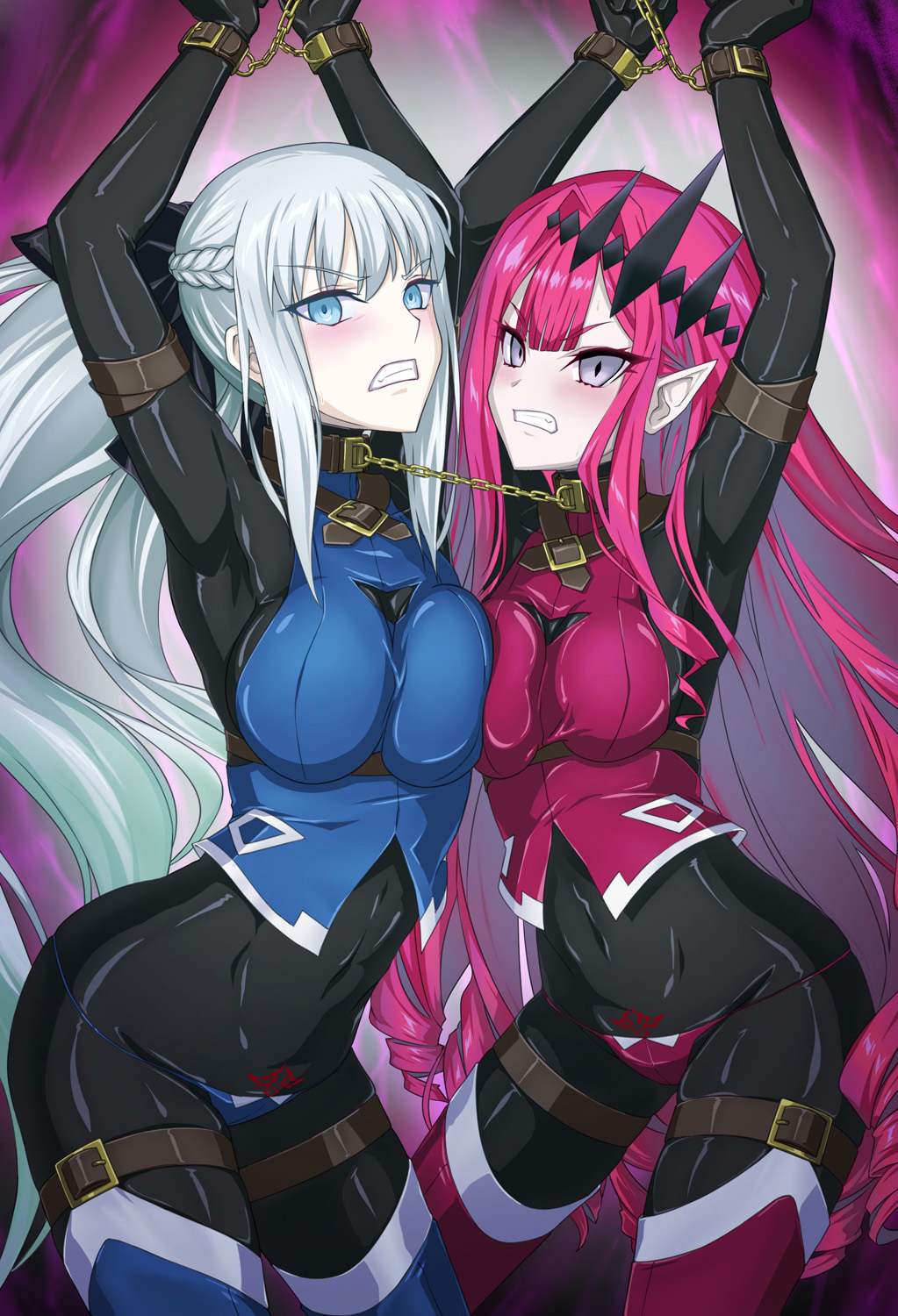 2girls, adoptive daughter, assimilation, baobhan sith (fate), blush, bodysuit, bondage, brainwashed, brainwashing, breasts, breasts squeezed together, chained, chains, corrupted, corruption, corset, enemy conversion, fate (series), fate/grand order, hair between eyes, huge breasts, imminent rape, latex, latex bodysuit, long hair, looking at viewer, mind control, morgan le fay (fate), mother and daughter, pale skin, pink hair, pointy ears, ponytail, restrained, sidelocks, thighhighs, tied hair, white hair