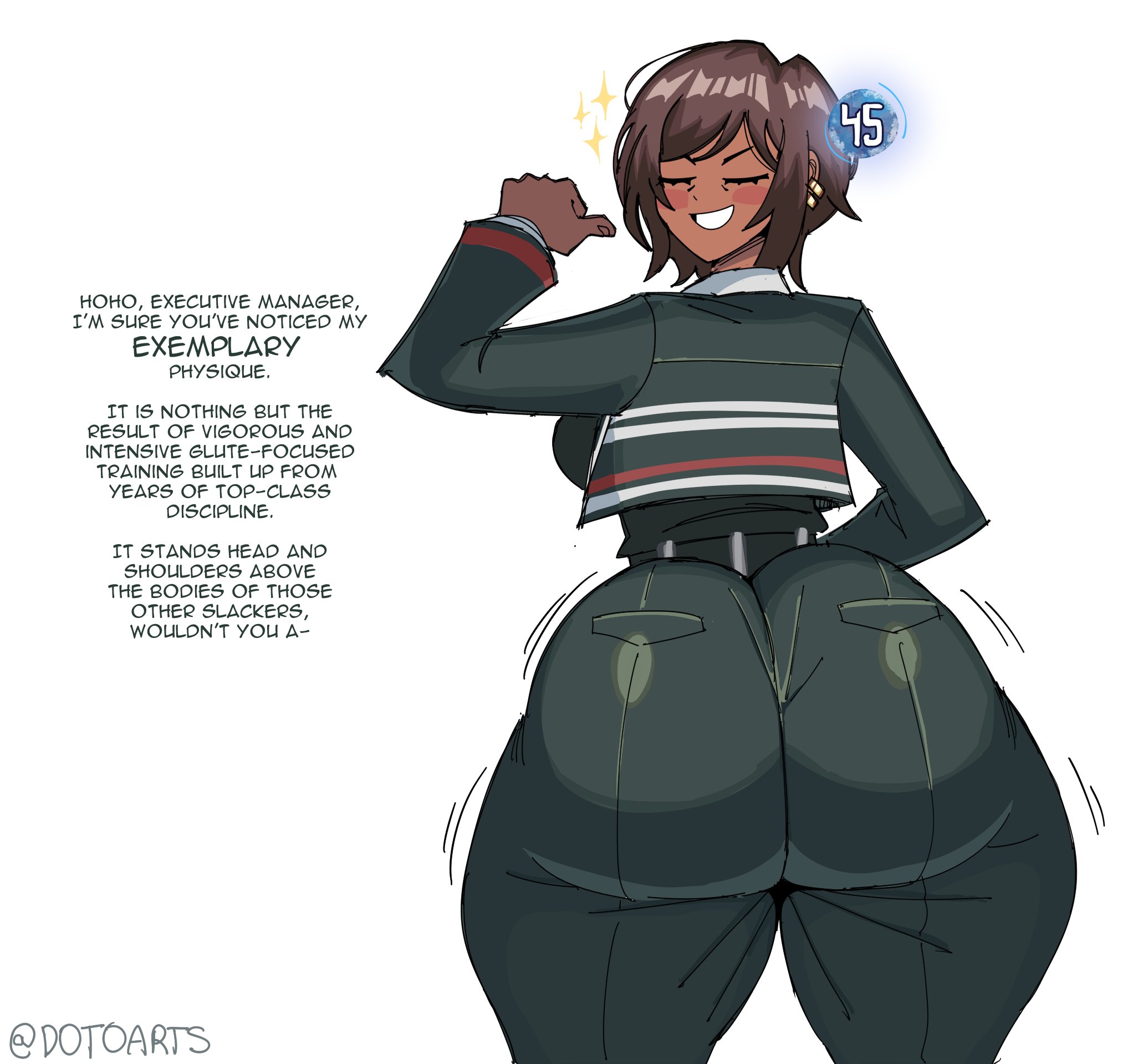 1girls, ass, big ass, bottom heavy, breasts, brown hair, bubble butt, dark skin, dark-skinned female, dialogue, dotodonoto, english text, fat ass, female, female only, huge ass, large ass, limbus company, outis (limbus company), project moon, proud, showing off, showing off ass, smug, solo, talking to viewer, text, thick ass, thick thighs, thunder thighs, wide hips