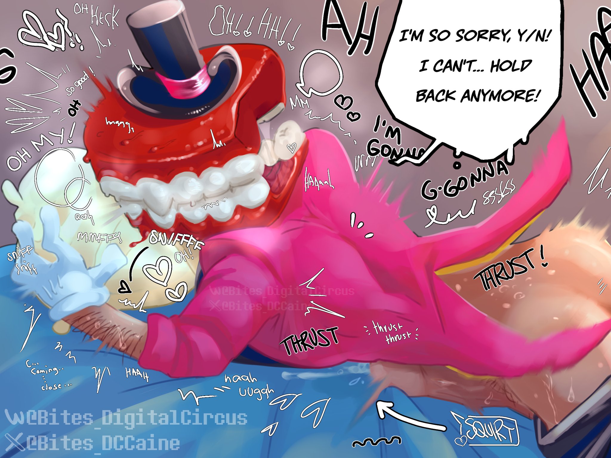 ass, bed, bites dccaine, bottomless, caine (the amazing digital circus), cum, humping, male only, masturbation, onomatopoeia, penis, pillow, pillow grab, sniffing, solo, text, the amazing digital circus, y/n
