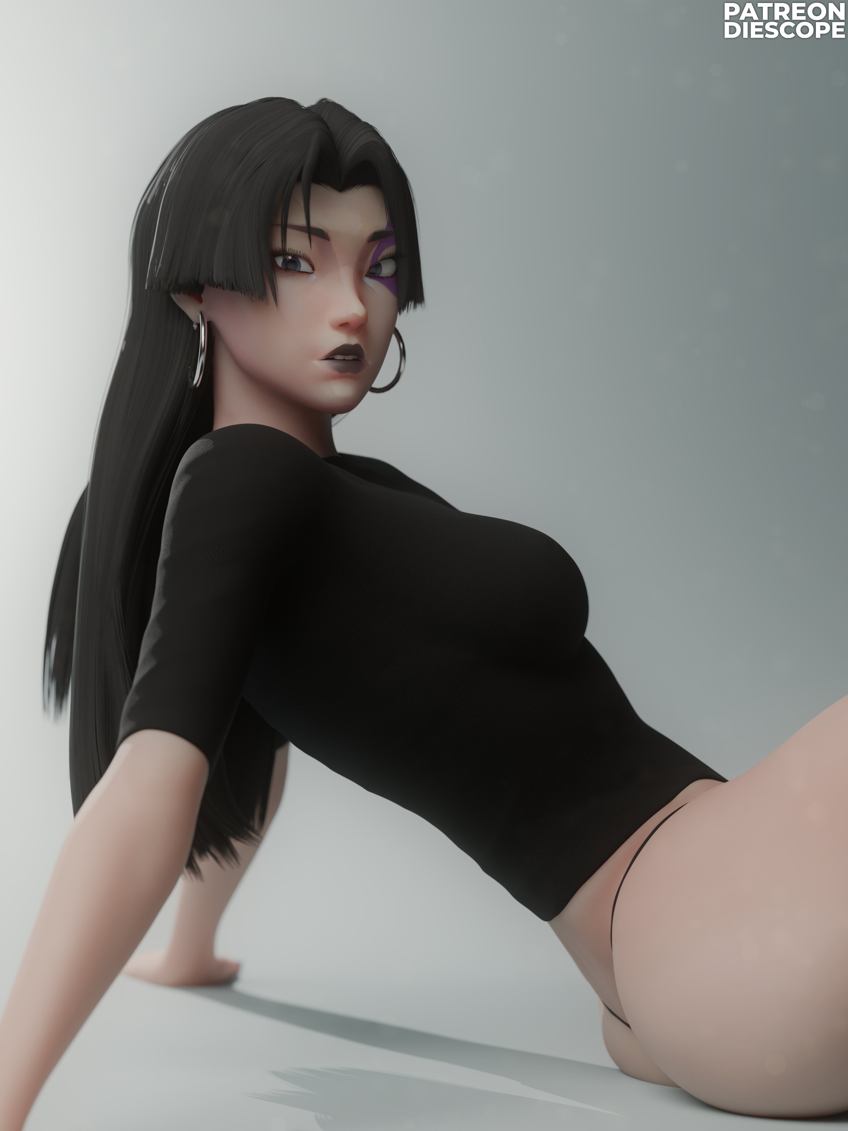 1girls, 2026, 3d, ass, big breasts, black hair, bun hair, covered breasts, diescope, eyebrow slit, eyeshadow, female, female only, huge ass, leaning back, leaning on arm, long hair, looking at viewer, makeup, marvel, marvel rivals, megan fox photoshoot, panties, pantsless, pantsless female, pose, psylocke, psylocke (sai) (vengeance), reference, shirt, side view, simple background, sitting, sitting on ground, solo, thong