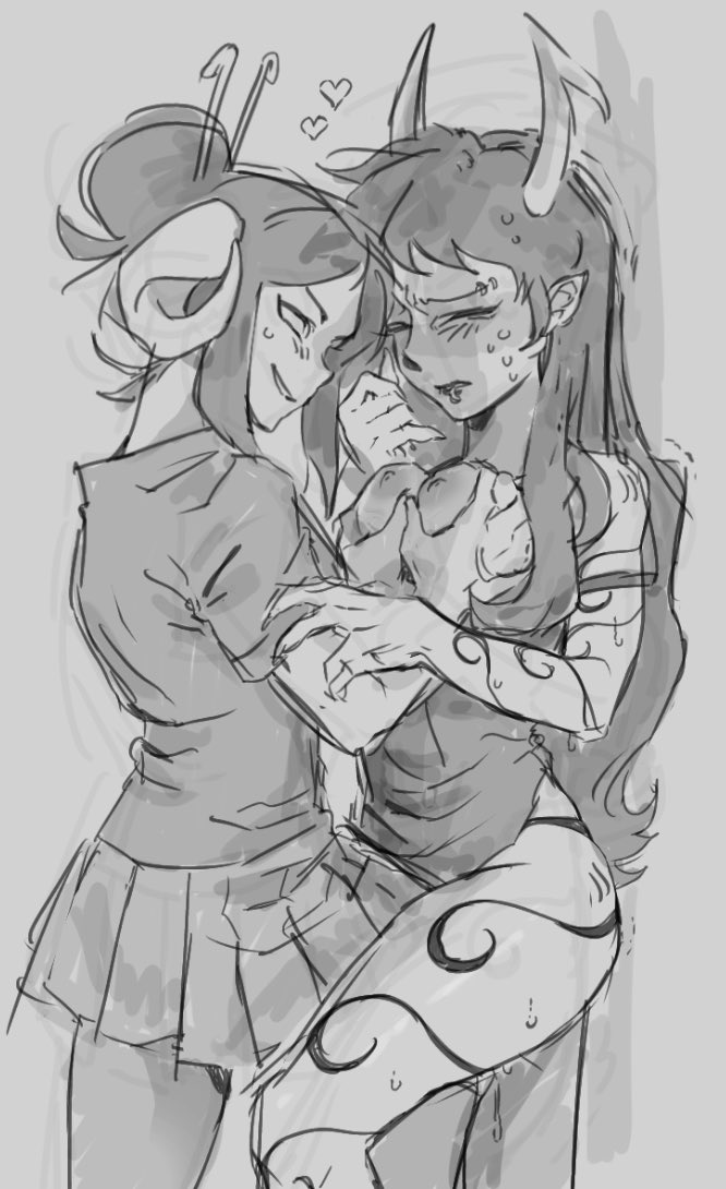 2girls, against wall, black hair, blush lines, breasts, bun, chopsticks in hair, clothed, damara megido, dress, dubious consent, eyes closed, female, female only, furrowed brow, grabbing, grabbing another's breast, greyscale, grin, grinding, grinding pussy, hearts, holding breast, homestuck, homestuck troll, horns, lesbian, lip piercing, long hair, looking at partner, mimigri, miniskirt, mistigri, nervous, nipples, no visible genitalia, piercings, pointy ears, porrim maryam, pussy juice drip, schoolgirl uniform, sketch, sweatdrop, tattoos, thick thighs, troll, troll female, yuri