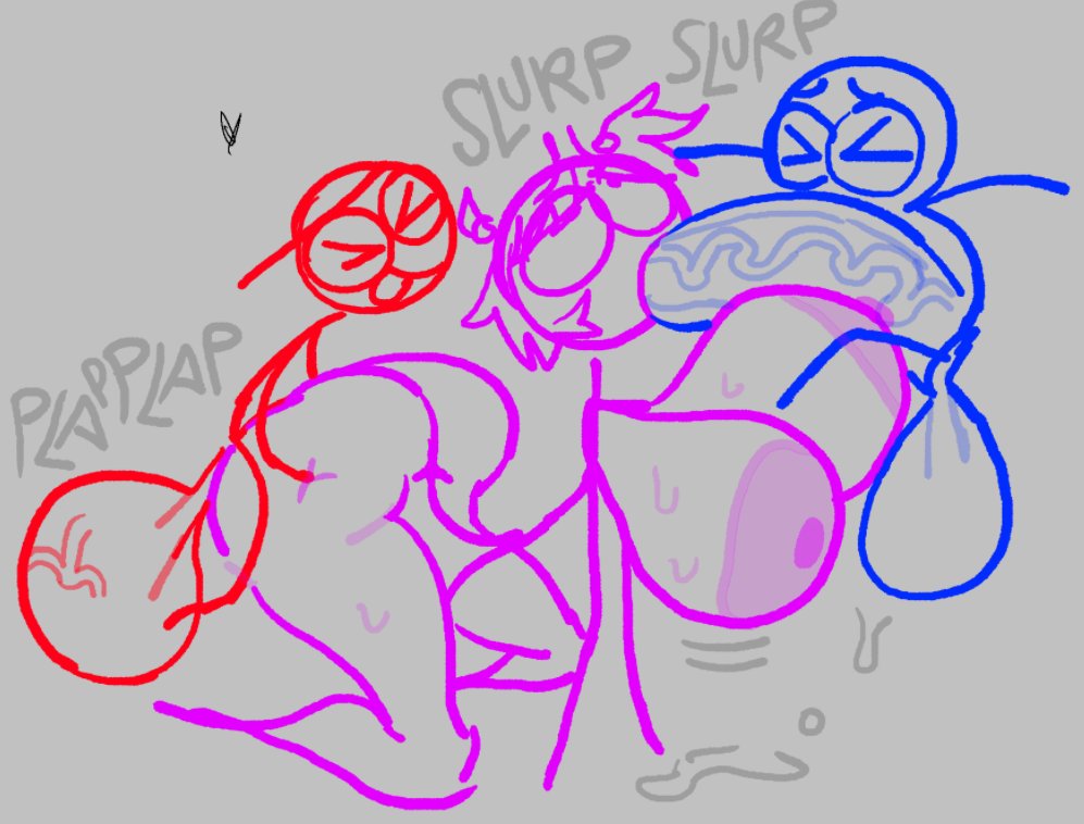 anal sex, blue (dick figures), breadcatta, dick figures, huge balls, huge breasts, huge cock, oral sex, pink (dick figures), red (dick figures), stick figure, stick waist
