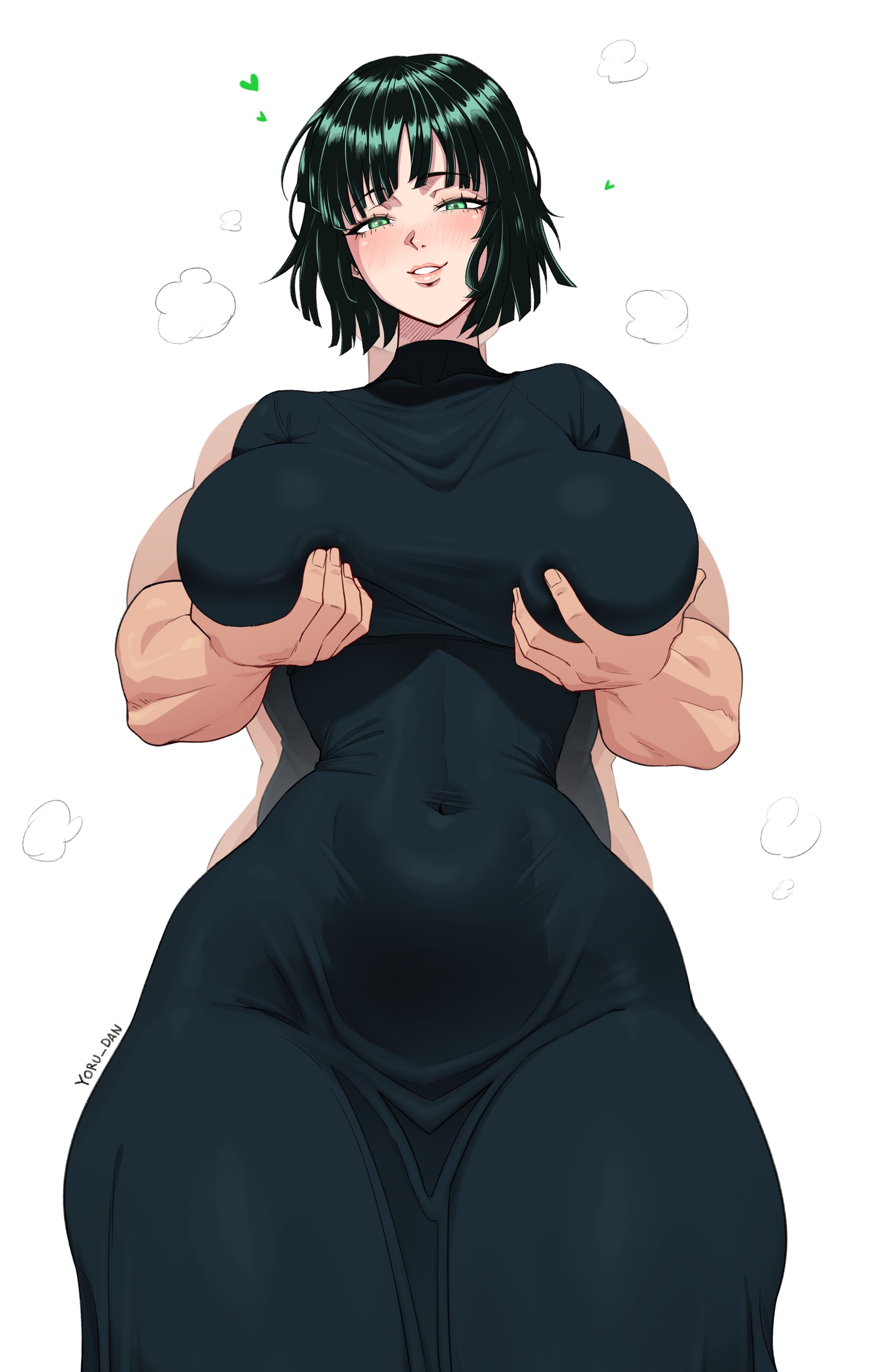 1girls, 2d, 2d (artwork), artist name, bangs, belly, belly button, big breasts, big thighs, blue sky, blush, bob cut, breasts, busty, clothed, clothed female, clothing, coat, collarbone, covered breasts, covered navel, covered nipples, curvaceous, curvy, curvy female, curvy figure, dark green hair, dark hair, digital drawing (artwork), digital media (artwork), dress, eye contact, eyelashes, eyeshadow, female, female focus, female only, fringe, front view, fubuki (one-punch man), grabbing, grabbing another's breast, grabbing breasts, grabbing from behind, green eyes, green hair, grope, groping, groping breast, groping breasts, groping from behind, hips, huge breasts, huge thighs, human, human only, jewelry, light skin, light-skinned female, lips, lipstick, long sleeves, looking at viewer, makeup, massive thighs, medium hair, nails, navel, necklace, nipple bulge, nipple outline, nipples, nipples outside, nipples visible through clothing, one-punch man, perky nipples, pinup, pose, questionable, seducing, seductive, seductive eyes, seductive look, seductive mouth, seductive smile, sexy, short hair, sky, slim, slim waist, solo, solo female, stomach, thick, thick legs, thick thighs, thighs, thin waist, thunder thighs, thunderthighs, tight clothing, tight dress, toned, toned body, toned female, toned stomach, touching breast, voluptuous, voluptuous female, waist, wide hips, wide thighs, yoru dan