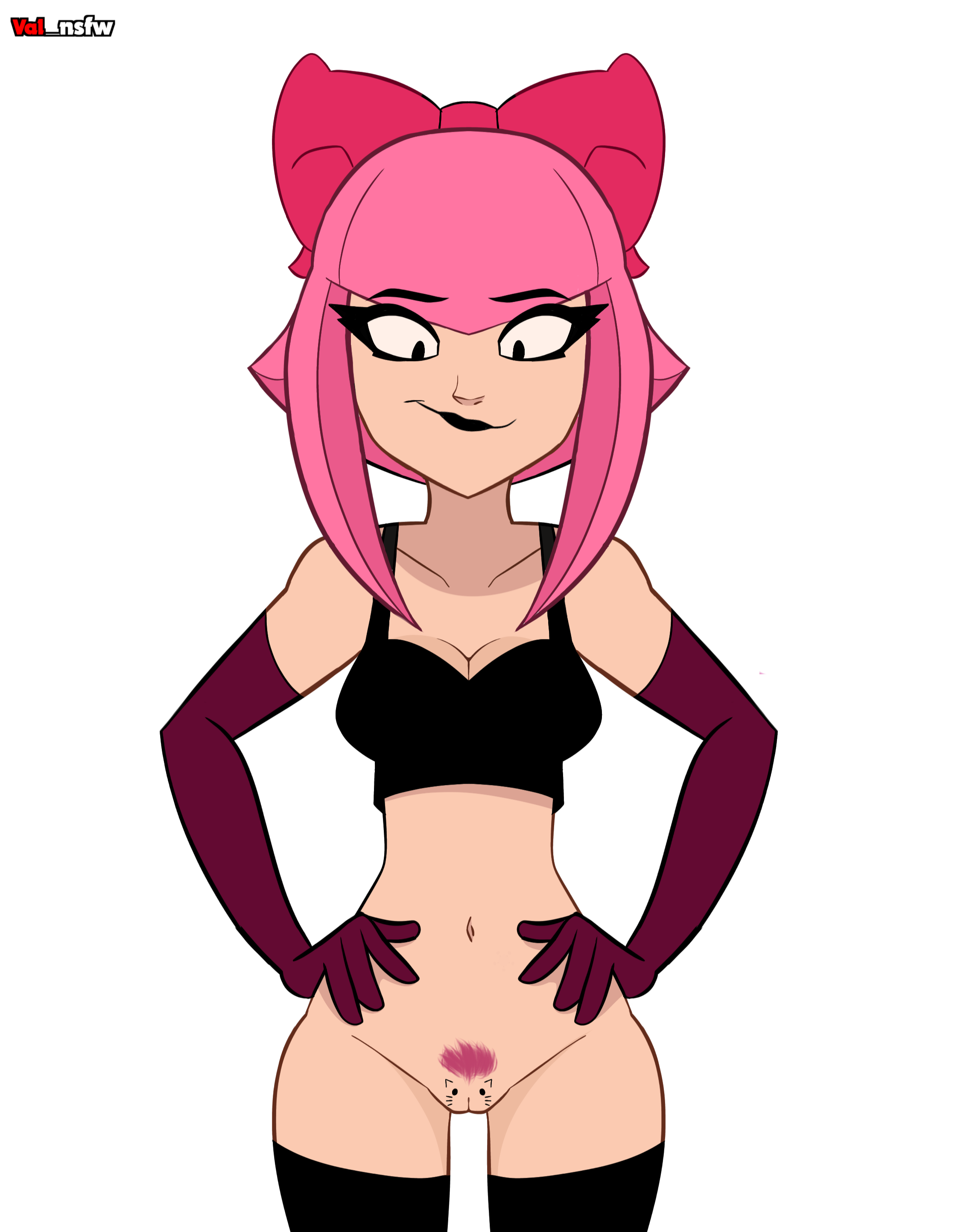 bottomless, bottomless female, bow, brawl stars, cat face, do you want to pet my cat (meme), hands on hips, korean female, melodie (brawl stars), meme, pink hair, pubic hair, pussy, smirking at viewer, solo, solo female, supercell, tagme, thighhighs, val nsfw, watermark