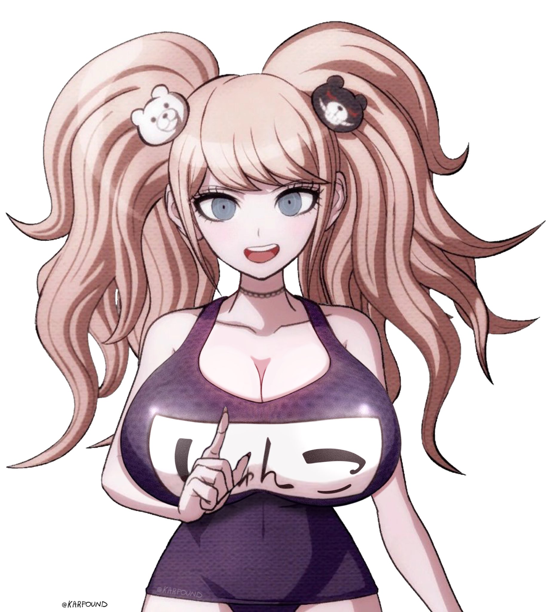 1girls, alternate breast size, alternate breast size (larger), bear hair ornament, blonde hair, blue eyes, blue one-piece swimsuit, breasts, cleavage, clothed, covered navel, danganronpa, danganronpa 1, edit, hair ornament, huge breasts, index finger raised, junko enoshima, karfound, looking at viewer, necklace, official artwork edit, one-piece swimsuit, open mouth, simple background, sprite edit, straight-on, third-party edit, twintails, twitter username, white background