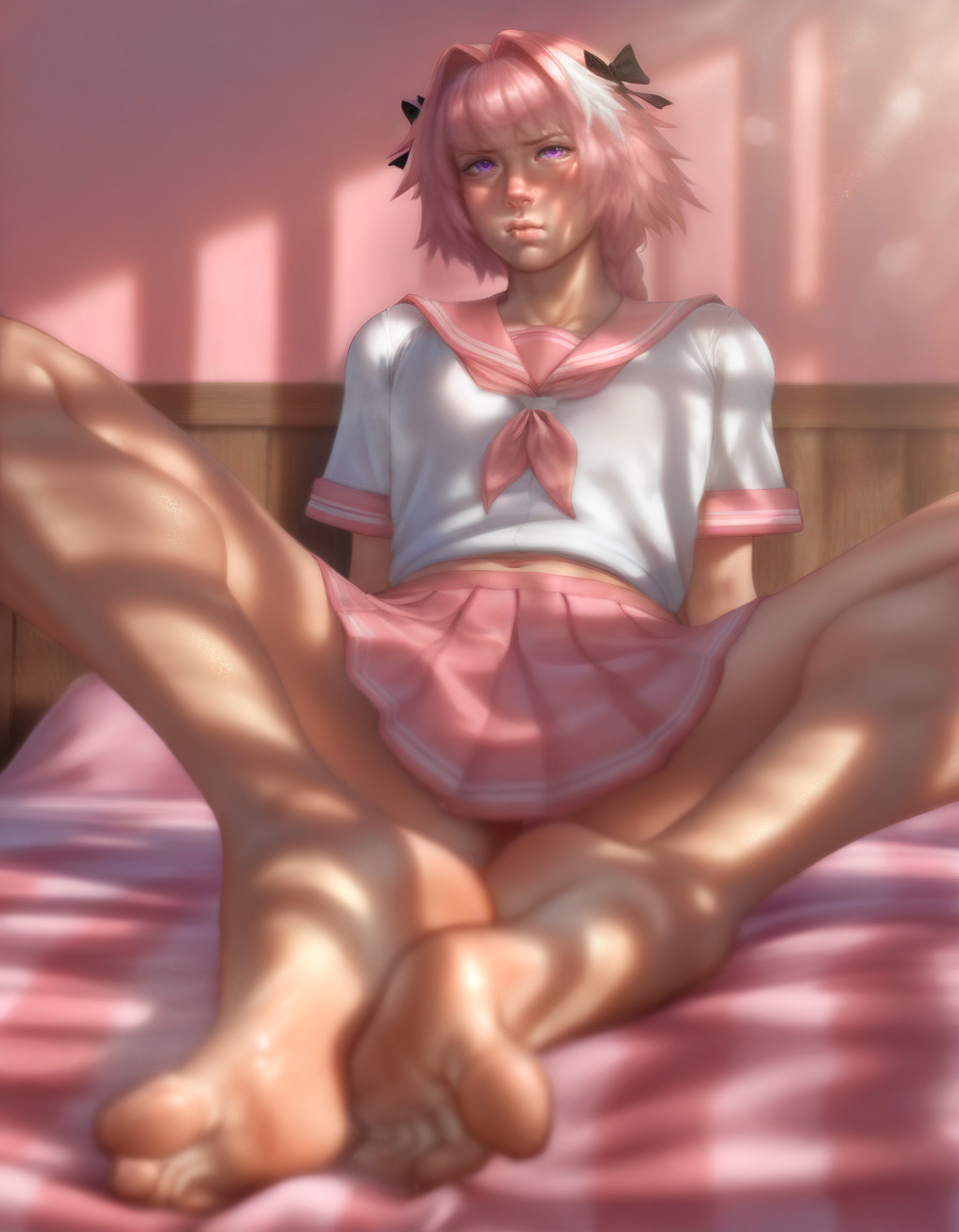 1boy, adorable, adorable face, androgynous, androgynous male, anime, anime boy, anime character, astolfo (fate), barefoot, bed, bedroom, black bow, braid, bright colors, colorful, colorful background, cute, cute face, cute male, fate (series), fate/apocrypha, fate/grand order, feet, feet fetish, feet focus, femboy, femboy focus, femboysub, feminine male, feminine pose, first post, flat chest, flat chested, gay, gay male, girly boy, girly clothing, girly hair, high quality, high resolution, highres, kinda gay, long hair, looking at viewer, lovelyyjacee, male, male only, pink background, pink hair, pretty feet, purple eyes, shy, shy pose, sissy, sissy bliss, sitting on bed, student uniform, twink, white hair streak, white hair stripe, young, youthful, youthful face, youthful features, youthful look