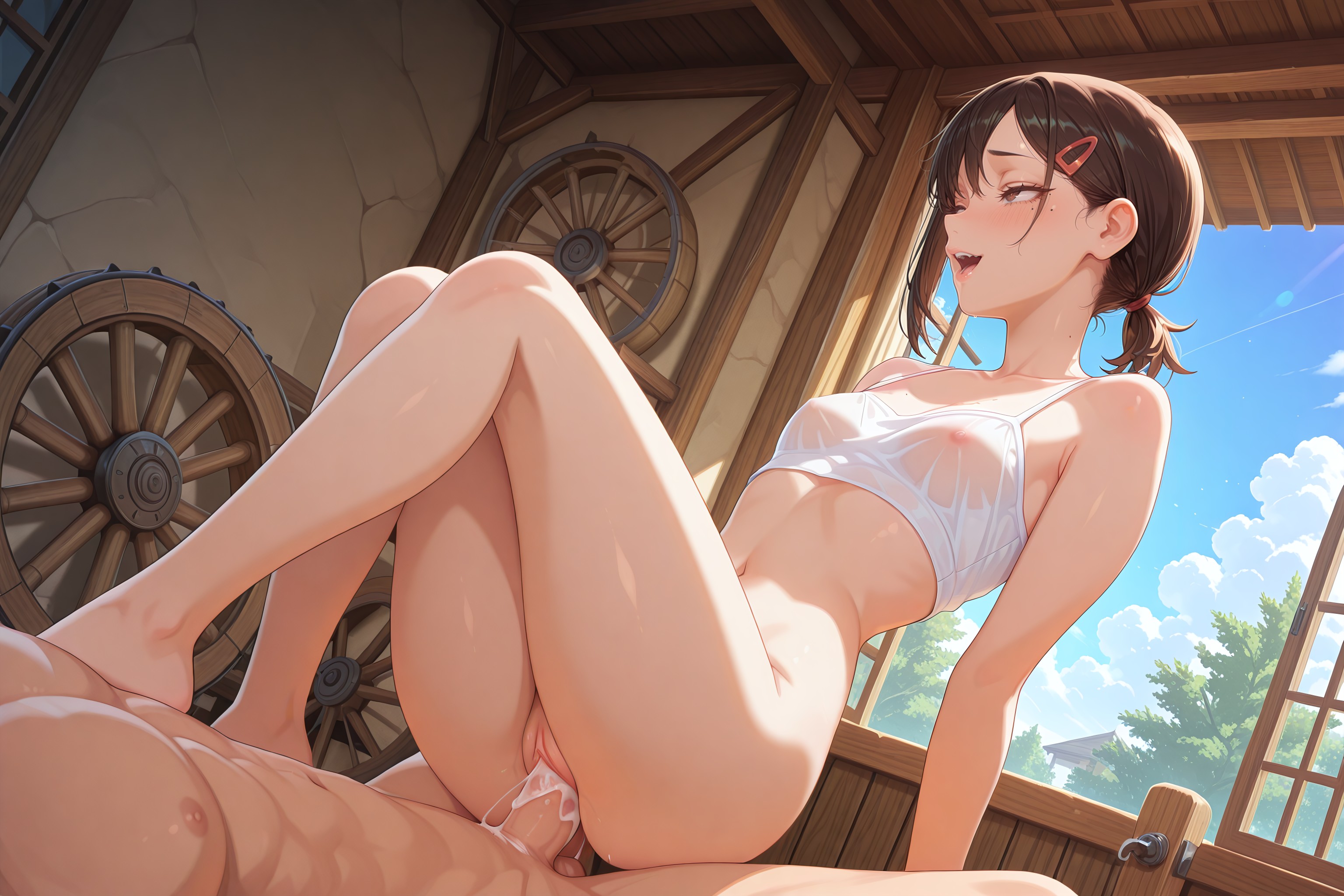 1boy, 1girl, ai generated, bare shoulders, barefoot, black hair, blush, bottomless, breasts, brown eyes, brown hair, chainsaw man, clock, clothed female nude male, cowgirl position, cum, cum in pussy, cum overflow, day, electric fan, girl on top, hair ornament, hairclip, happy sex, hetero, higashiyama kobeni, indoors, knees up, kobeni higashiyama, legs, mole, mole under eye, navel, nipples, nivora, nude, open mouth, penis, pussy, see-through, sex, short hair, short ponytail, sitting, small breasts, smile, solo focus, straddling, sweat, teeth, thighs, uncensored, vaginal