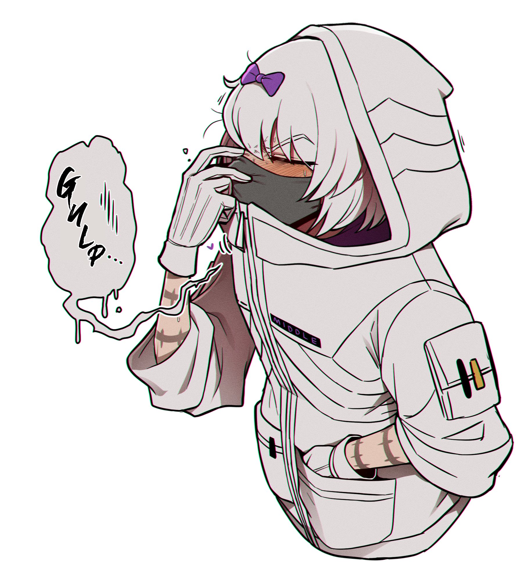 angry, avoiding eye contact, baggy clothing, blush, bow, breasts, closed eyes, cum, cum on face, drool, drooling, facemask, gloves, gulp, hair accessory, hair ornament, hands in pockets, hoodie, kira (limbus company), light skin, limbus company, looking away, looking away from viewer, mask, messy hair, misg1111, project moon, purple eyes, removing mask, scar, sharp teeth, sweat, sweaty, the middle (identity) (project moon), the middle (project moon), uncomfortable, unkempt, unkempt hair, white hair