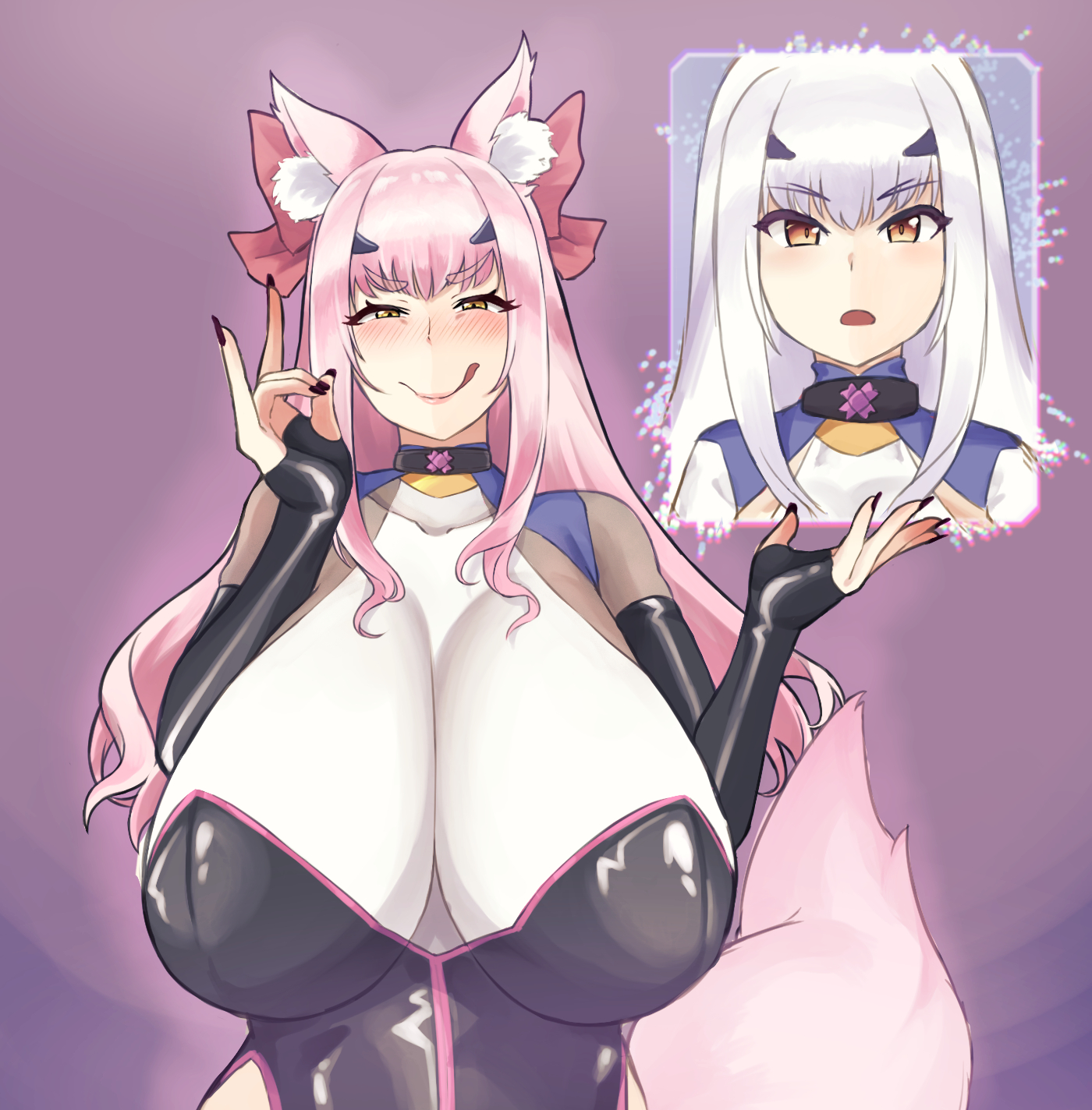 1girls, alternate costume, assimilation, before and after, blush, bodysuit, brainwashed, brainwashing, breast expansion, breast growth, collar, enemy conversion, fate (series), fate/grand order, female, fox ears, fox tail, hair color change, hell2heimu, huge breasts, hypnosis, hypnotized, identity death, kitsune, koyanskaya (fate), large breasts, latex, melusine (fate), mind control, personality change, pink hair, possessed, possession, solo, takeover, tongue out, transformation, twinning