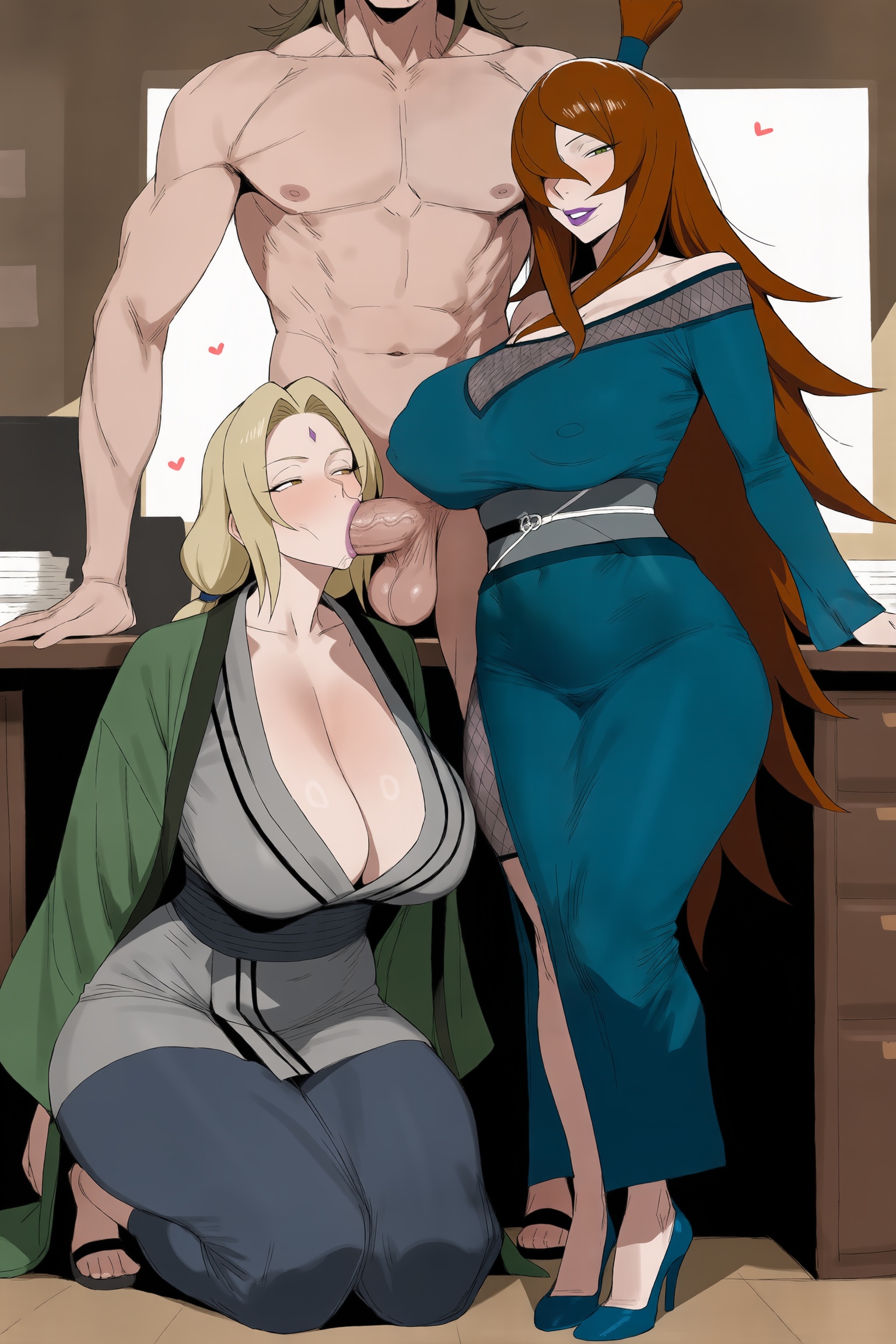 1boy, 2girls, abs, ai generated, bare shoulders, blonde hair, breasts, brown hair, cleavage, closed eyes, erection, fellatio, heart, hetero, hi res, high quality, high resolution, huge breasts, kimono, large penis, long hair, multiple girls, muscle, naruto (series), oral, patreon, penis, sandals, seductive, sexy, squatting, terumi mei, testicles, thick thighs, threesome, tsunade (naruto), uncensored, veins, veiny penis