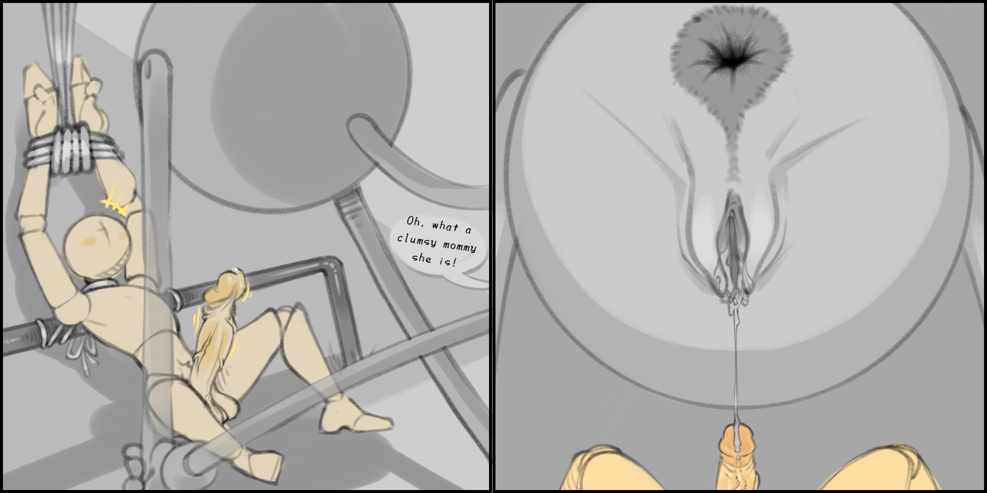 asshole, big ass, big dick, butcher (poppy playtime), clitoris, english text, guma, male, mommy long legs, naked, player (poppy playtime), poppy playtime, protagonist (poppy playtime), pussy, pussy juice, pussy juice drip, pussy lips, self upload, tied up, yellow body