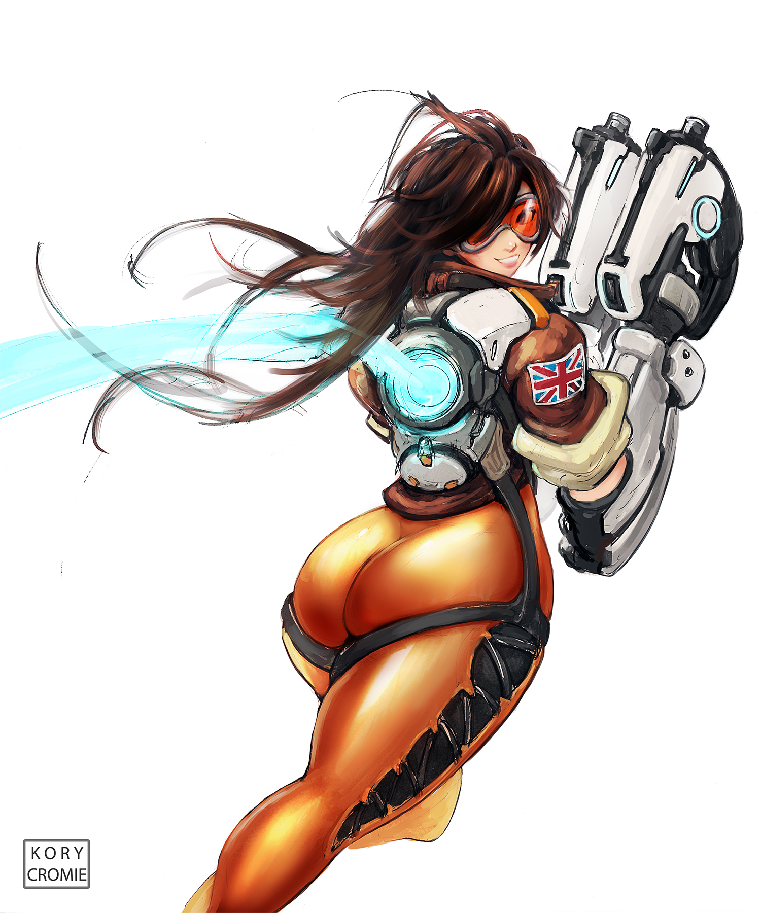 1girls, alternate hairstyle, artist name, ass, ass focus, big ass, blizzard entertainment, british flag, brown hair, clothed, clothing, fat ass, female only, gun, huge ass, kory cromie, large ass, long hair, overwatch, overwatch 2, solo, solo female, thick, thick ass, thick thighs, thighs, tight clothing, tracer, union jack, watermark, weapon, white background, wide hips