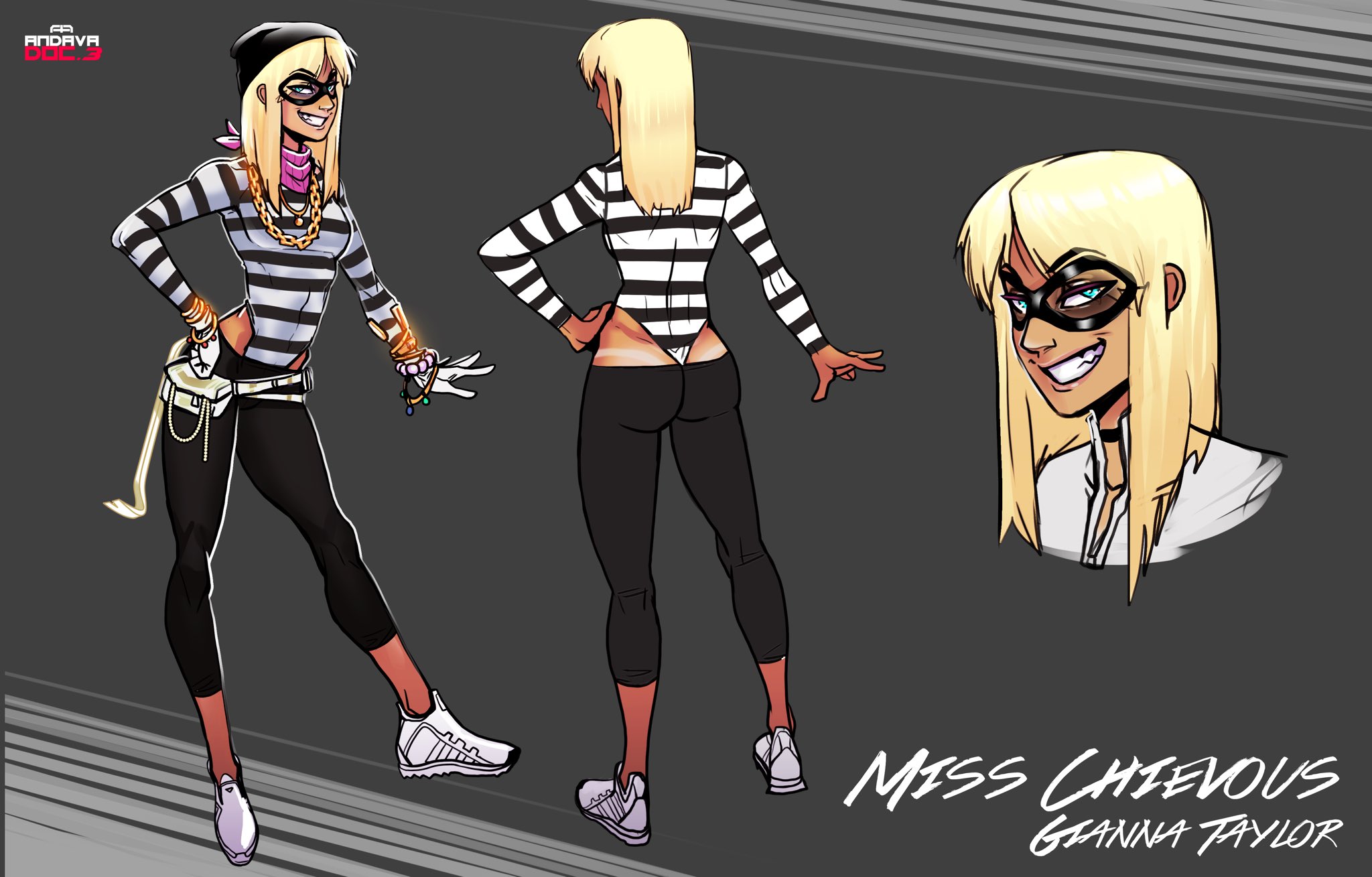 andava, andavaverse, athletic, athletic female, blonde hair, blue eyes, breasts, burglar, busty, character sheet, domino mask, female, female focus, full body, hourglass figure, jewelry, long hair, mask, miss chievious, model sheet, robber, sex, solo, striped, striped clothing, tan, tanned, tanned skin, thief, wide hips