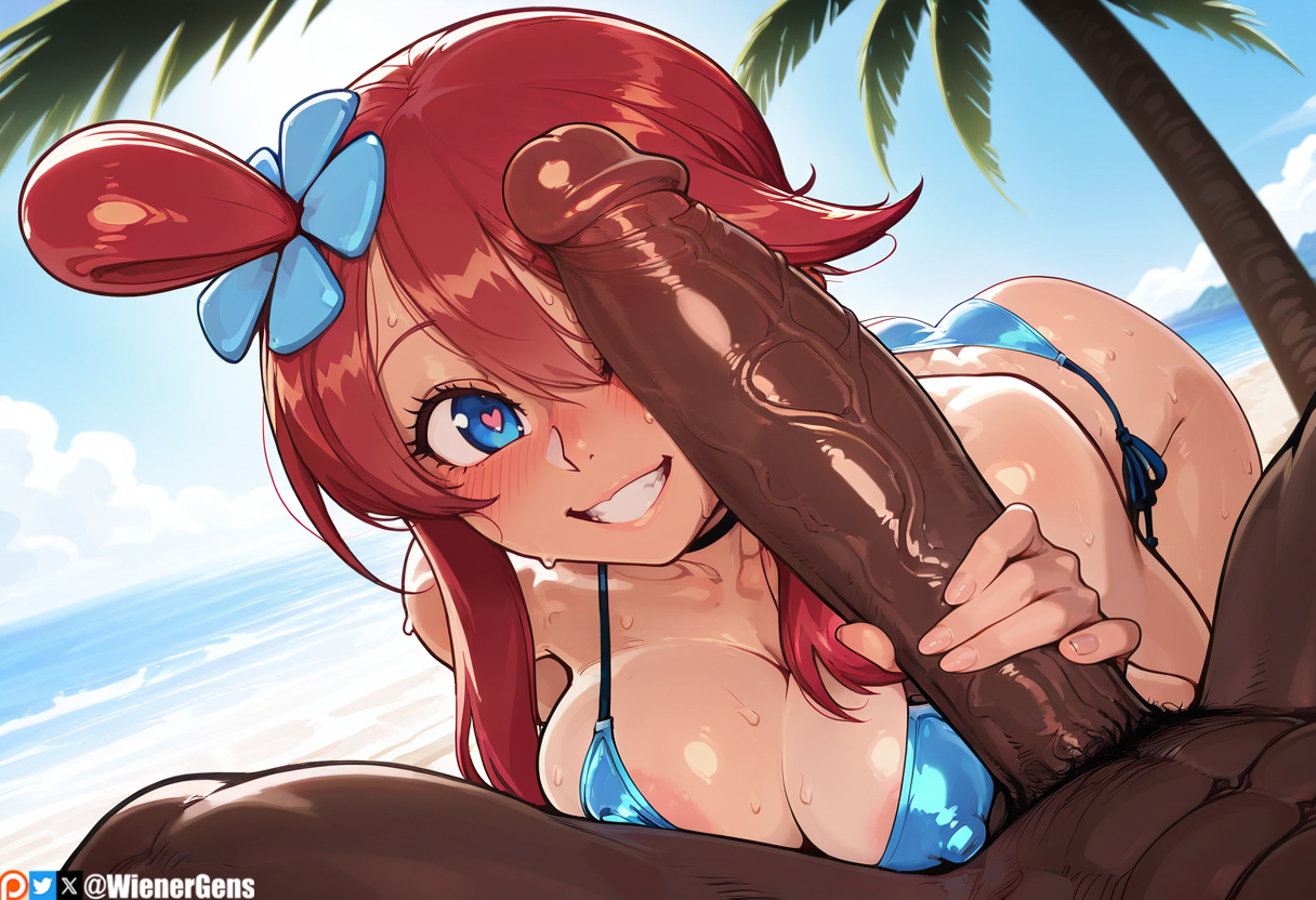 1boy, 1girls, ahe gao, ai generated, beach, dark penis, dark skin, dark-skinned male, day, female, huge cock, human, human female, imminent oral, interracial, interracial sex, light skin, light-skinned female, male, male/female, ocean, outdoors, pale skin, pale-skinned female, penis, pokemon, scenery, sex, skyla (pokemon), wienergens