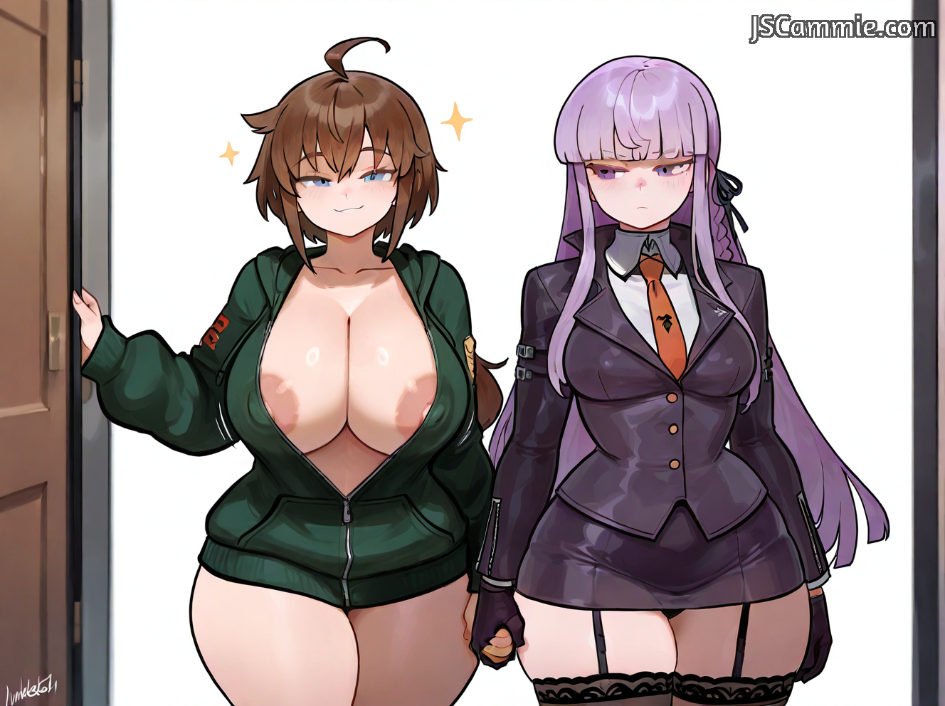 2girls, ai generated, areola slip, areolae, big breasts, black gloves, blue eyes, blue-eyed female, braided ponytail, breast size difference, breasts, breasts bigger than head, brown hair, brown-haired female, canon couple, cleavage, couple, danganronpa, danganronpa (series), danganronpa 1, danganronpa: trigger happy havoc, female, female only, genderswap, genderswap (mtf), gloved hands, gloves, green hoodie, holding hands, hoodie, hoodie only, huge breasts, jscammie, kirigiri kyoko, kirigiri kyouko, long hair, long-haired female, looking at another, looking at viewer, makoto naegi, multiple females, multiple girls, naegi makoto, no bra, no bra under clothes, orange tie, purple eyes, purple hair, purple-eyed female, purple-haired female, ribbon, rule 63, short hair, short-haired female, smile, smiling at viewer, smug, smug face, sparkles, suit, suit and tie, tagme, thick thighs, thighs, tie, watermark