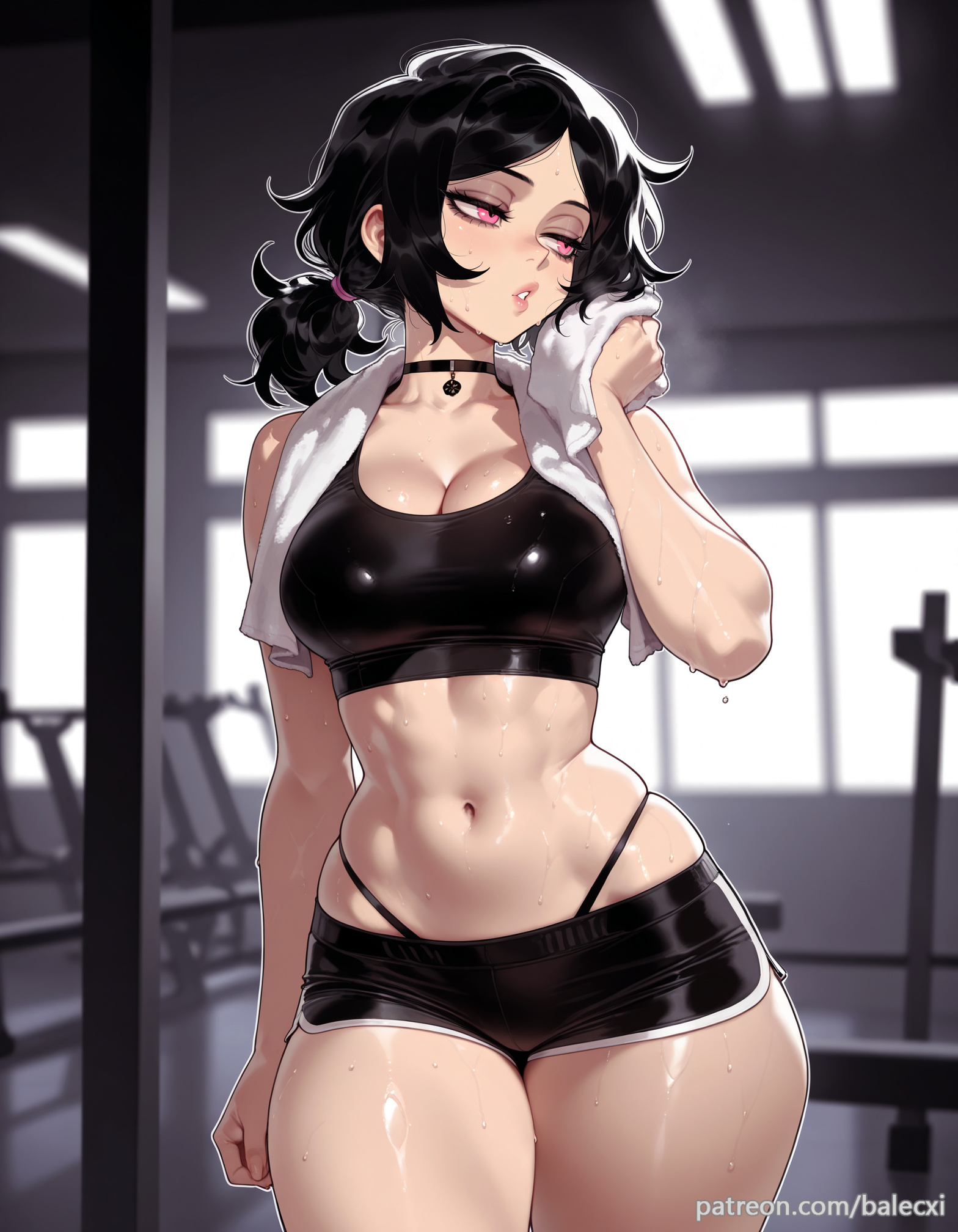 1girls, ai generated, ashley graves, balecxi, big breasts, black choker, black hair, black shorts, black sports bra, breasts, cleavage, female, female only, gym, indoors, large breasts, light skin, light-skinned female, midriff, navel, panty straps, parted lips, patreon username, pink eyes, short shorts, solo, sports bra, sweat, the coffin of andy and leyley, thighs, towel, towel around neck