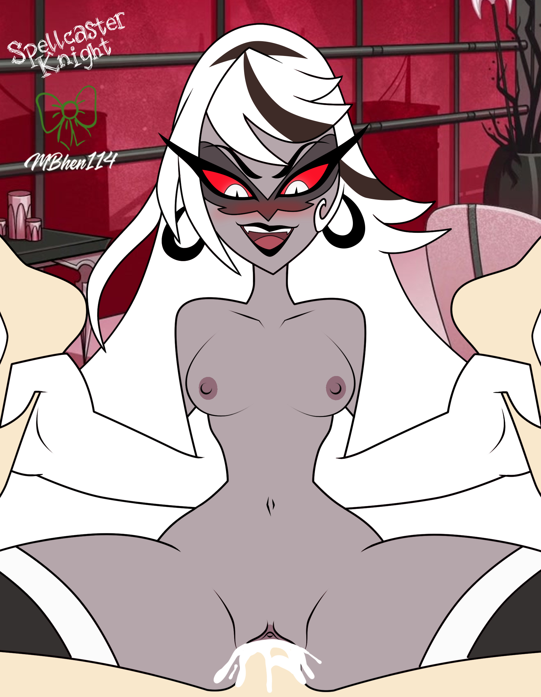 1boy, 1girls, 2d, 2d (artwork), amazon position, blush, breasts, carmilla carmine, female, hair down, hazbin hotel, internal cumshot, latina, male, mbhen114, medium breasts, nude, nude female, partial male, pussy, spellcaster knight, spread legs, straight, vagina, vaginal penetration, watermark