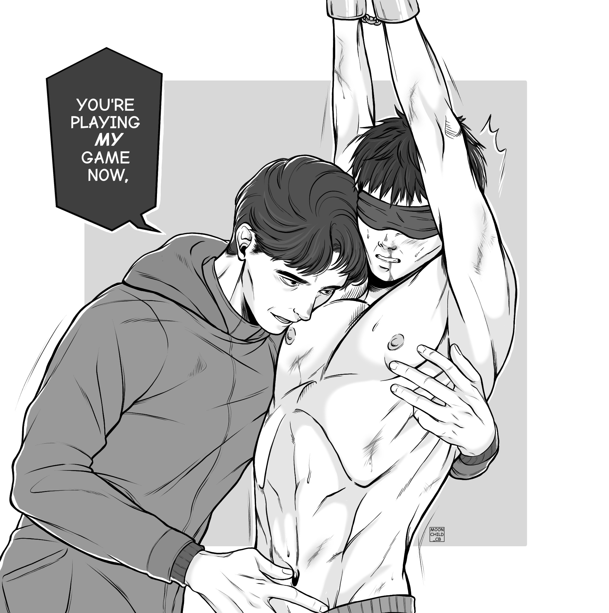 arms tied, arms tied above head, black and white, bleeding, blindfold, blood, blood on body, blood on face, bloody nose, blush, bruise, bruised, chains, dubious consent, embrace, fondling, groping, hand in pants, hand on chest, hand on crotch, hand under clothes, head on chest, hood down, hwang in-ho, jacket, kidnapped, male, male only, male rape victim, male/male, moonchild cb, mouth open, navel, no visible genitalia, rape, restrained, restrained arms, ribs, seong gi-hun, shackled wrists, shackles, shirtless, shirtless male, short hair, squid game, sweatdrop, text, text bubble, thin waist, touching chest, trembling, wince, wrists restrained, wrists tied, yaoi