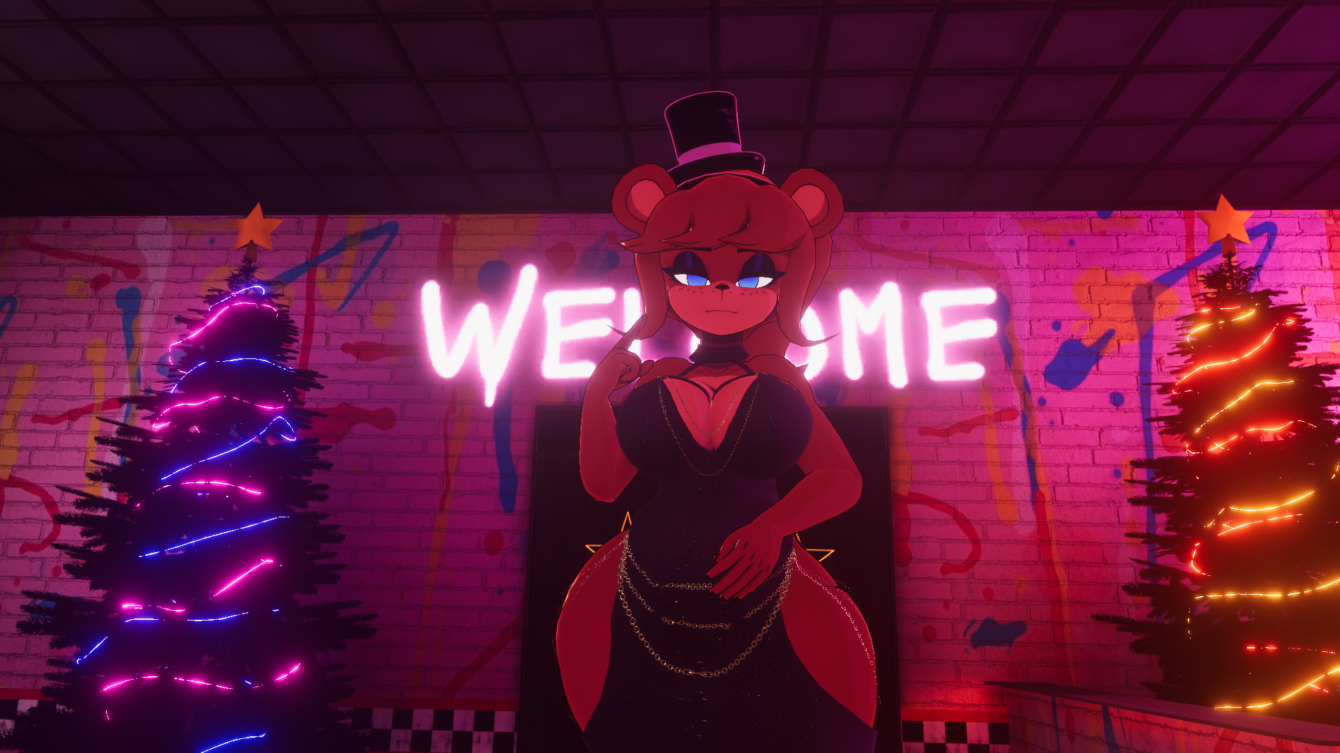 3d, breasts, cally3d, cryptiacurves, fazclaire's nightclub, female, five nights at freddy's, freddy (fnaf), fredina (cally3d), fredina's nightclub, frenni (cryptia), frenni (cryptiacurves), frenni fazclaire, modakawa dress, randomstuff, solo, vrchat